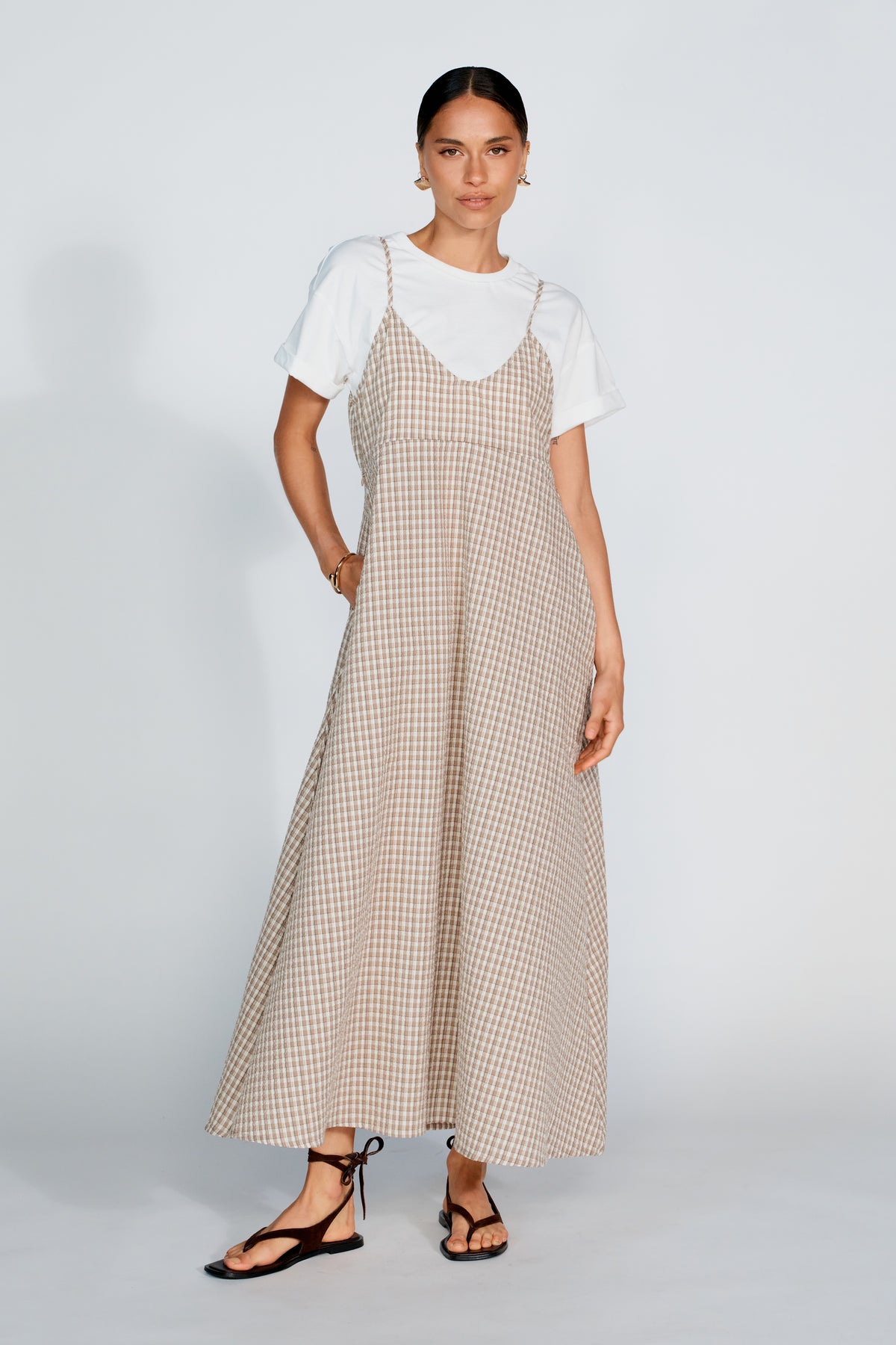 Olivia Layered Two-Piece Babydoll Dress - White / Beige Plaid