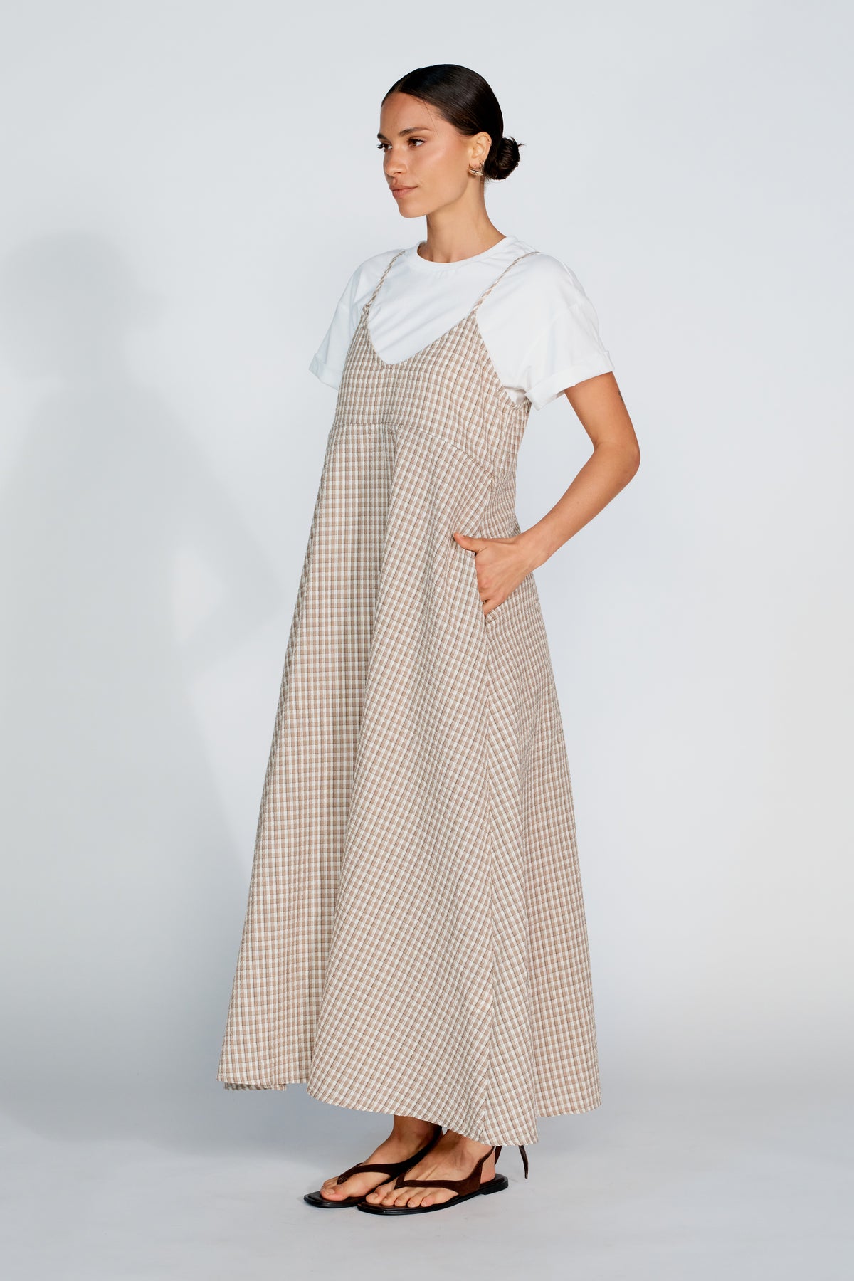 Olivia Layered Two-Piece Babydoll Dress - White / Beige Plaid