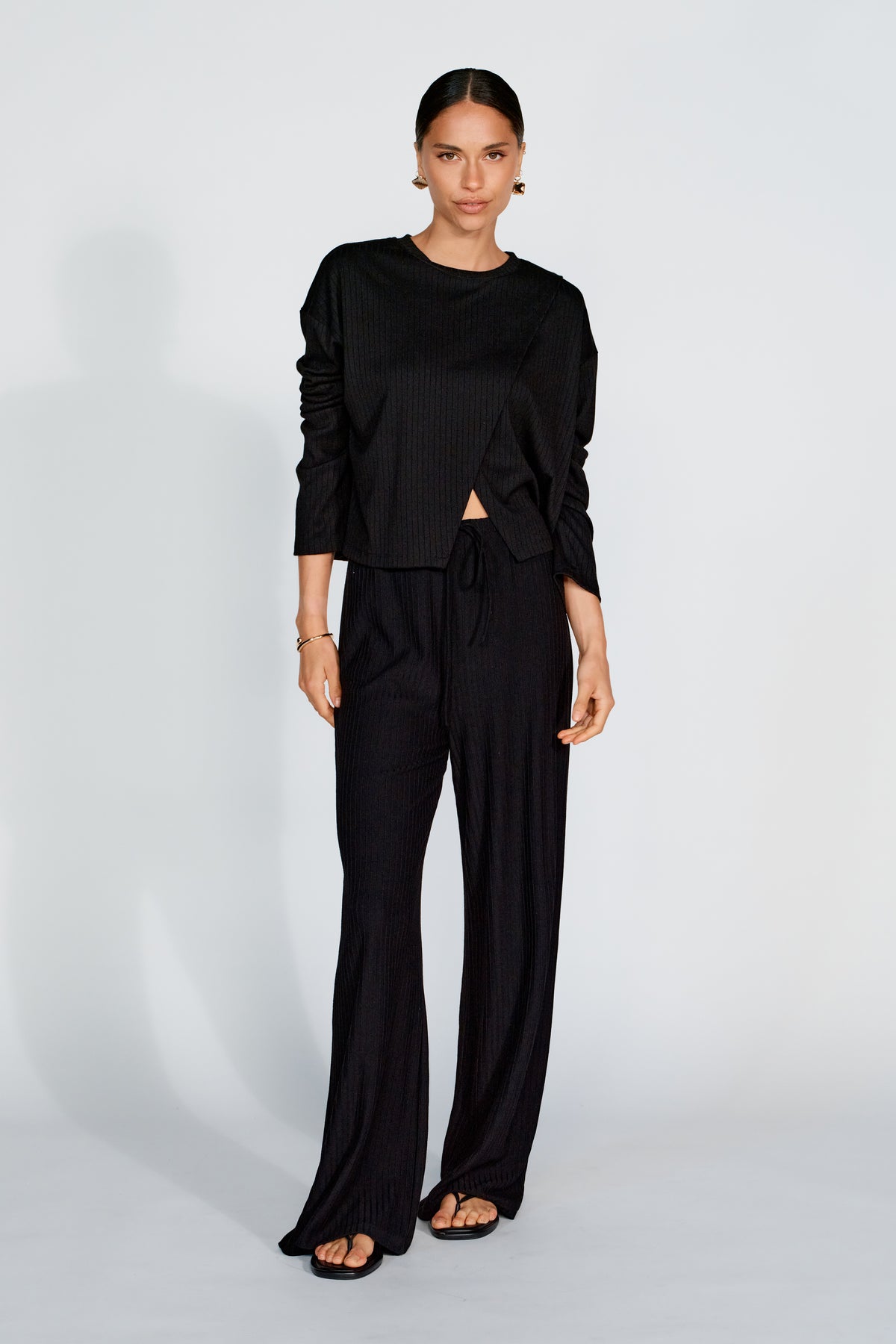 Ivy Ribbed Long Sleeve Top - Black