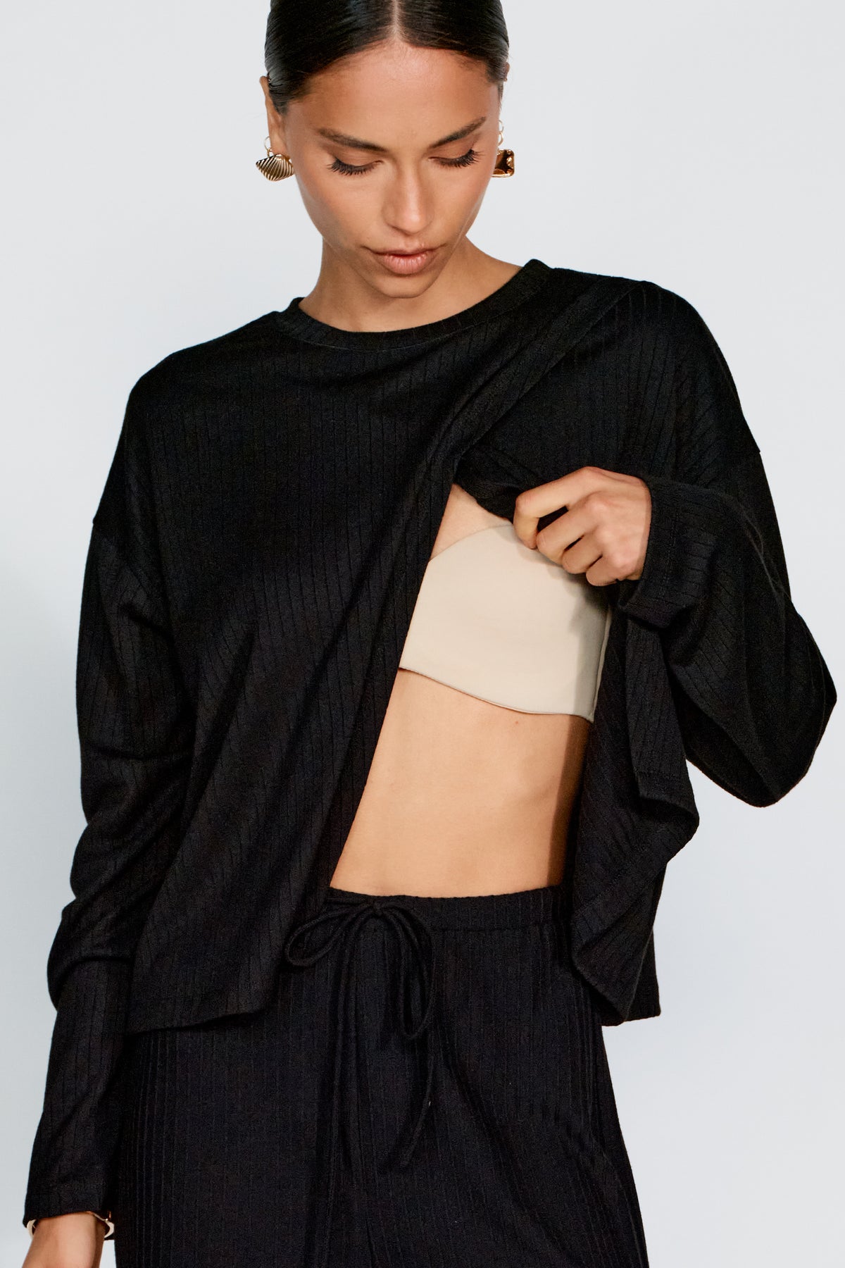Ivy Ribbed Long Sleeve Top - Black