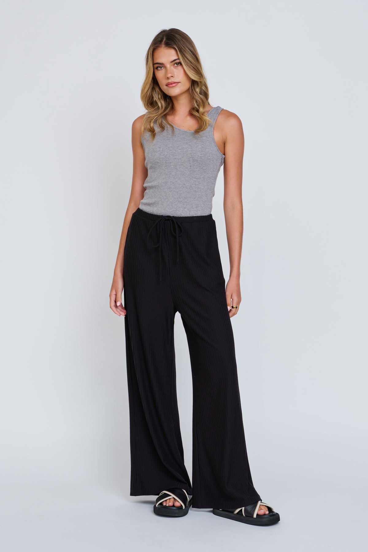 Ivy Ribbed Wide Leg Pant - Black