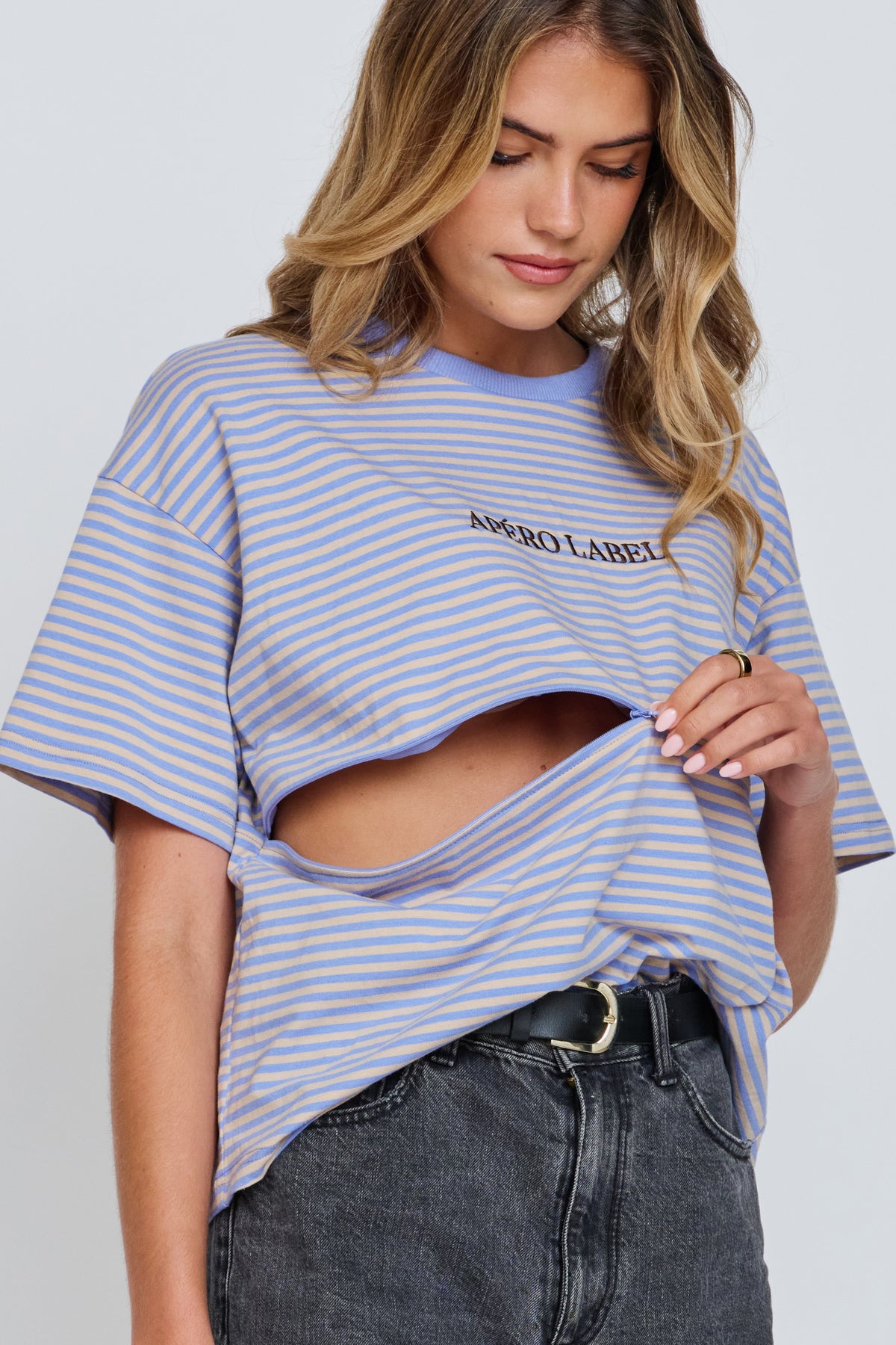 Era Drop-Shoulder Cropped Tee - Blue / Beige
