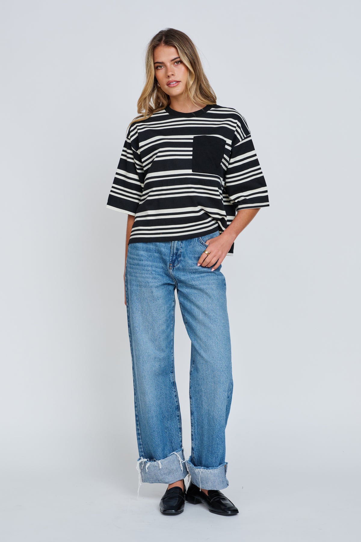Brooklyn Stripe Slouchy Panel Tee - Black / White