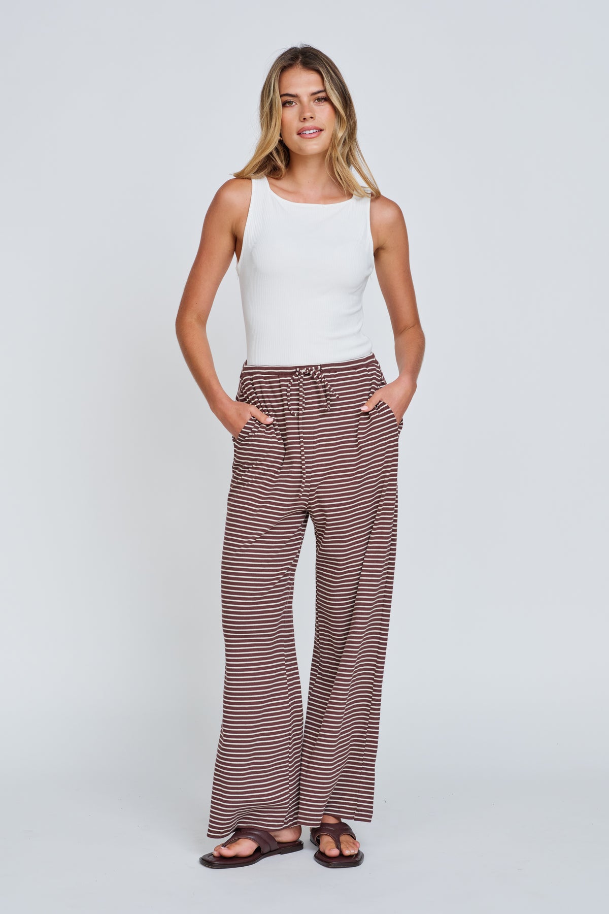 Ivy Stripe Wide Leg Pants - Chocolate / White