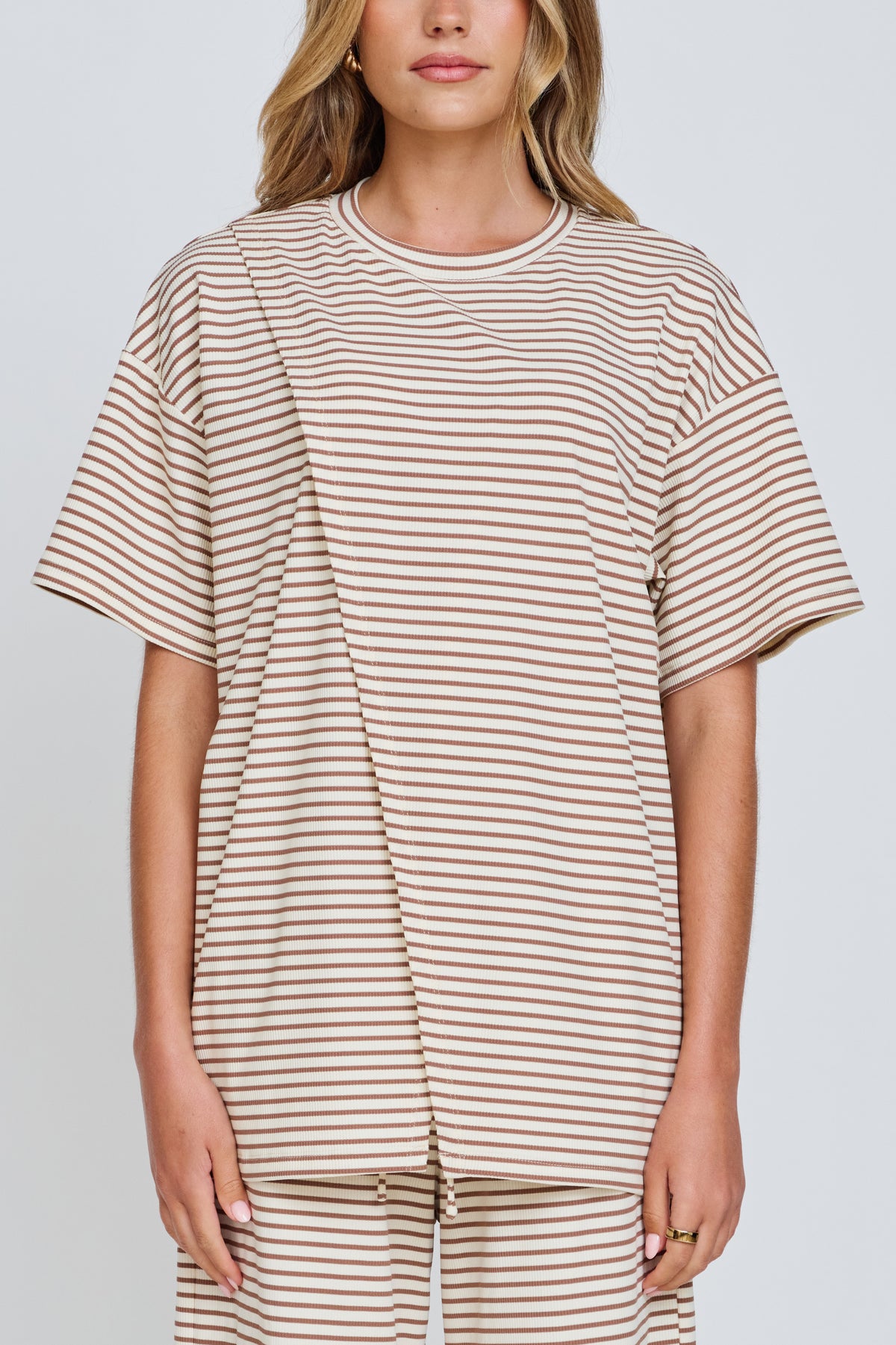 Ivy Stripe Longline Wrap Tee - Cream / Tan