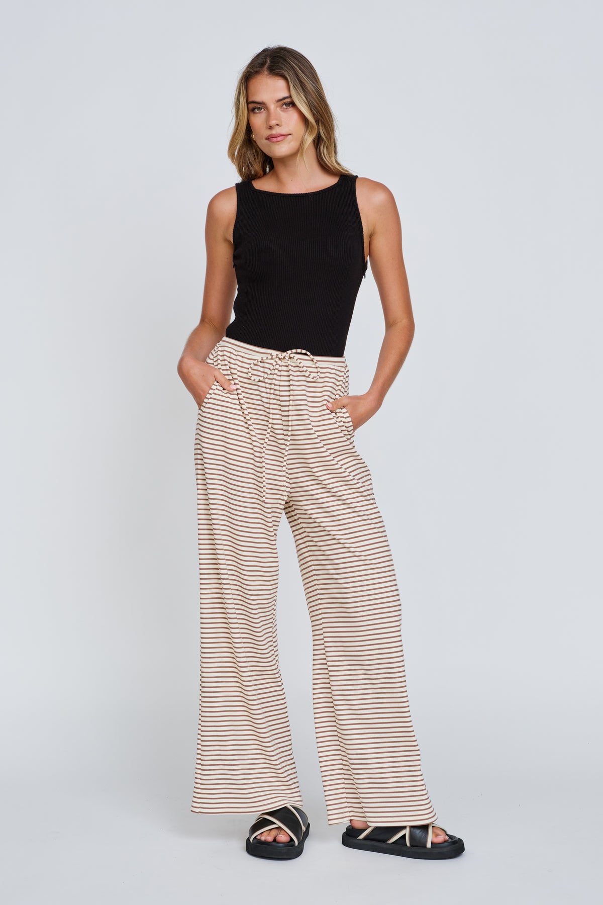 Ivy Stripe Wide Leg Pants - Cream / Tan