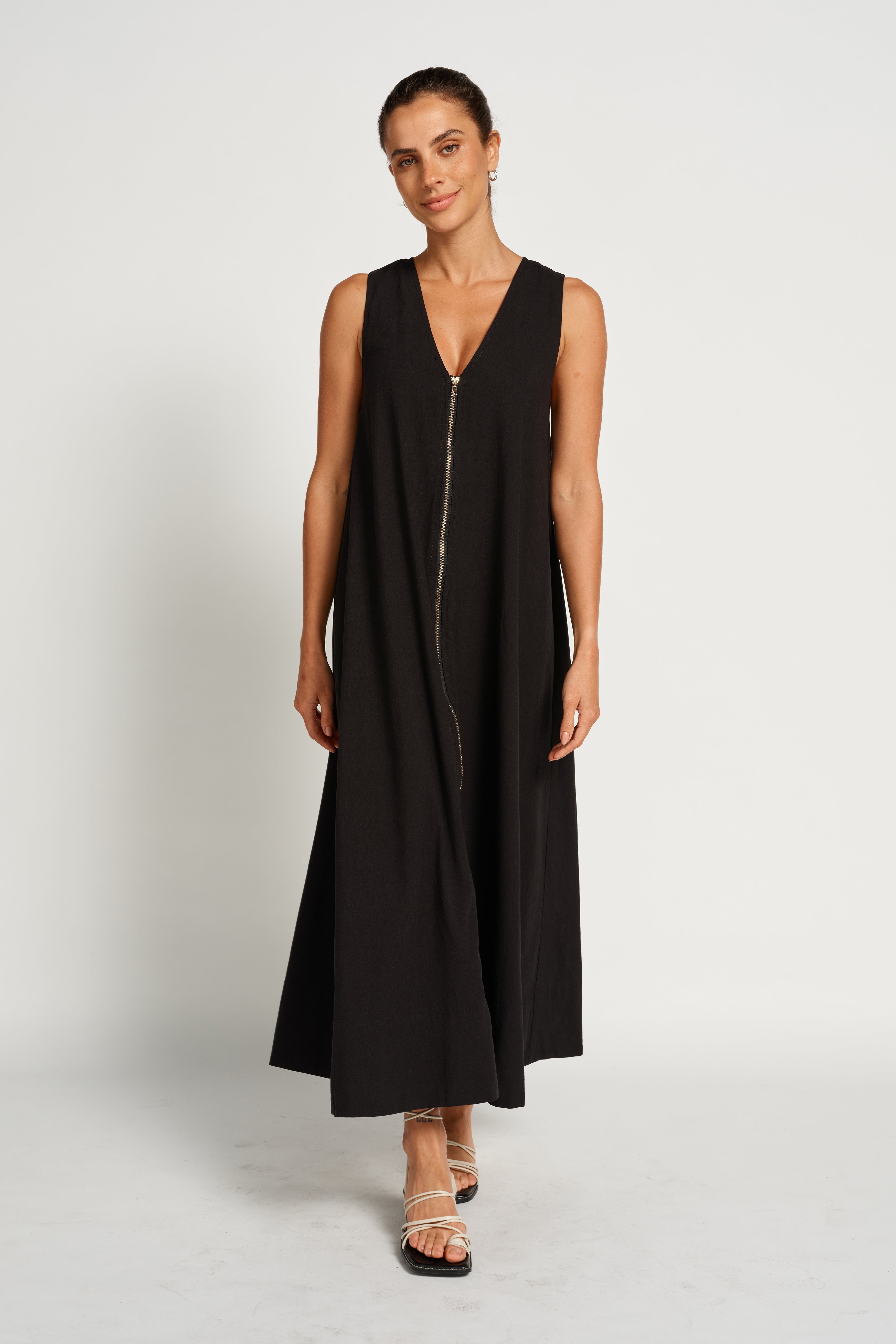 Gill Zip-Front Midi Dress - Black, XL Gill Zip-Front Midi Dress - Black, XL