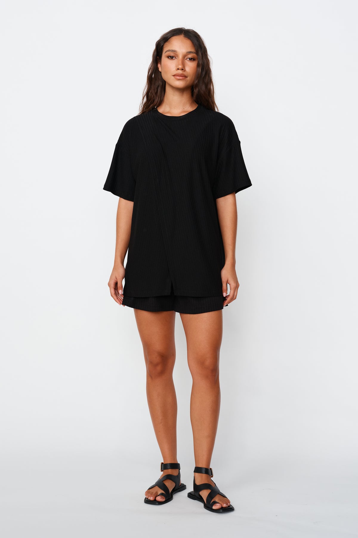 Ivy Ribbed Longline Wrap Tee - Black