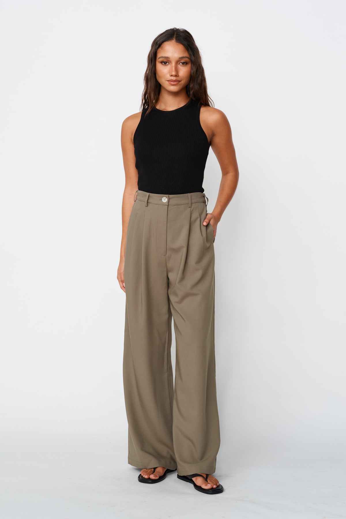 Zadie Adjustable Wide Leg Trouser - Khaki