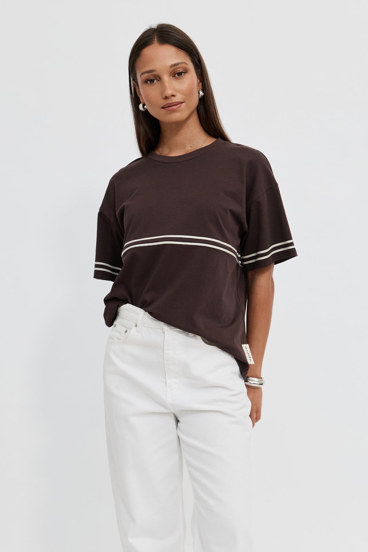 Saxon Stripe Detail Panel Tee - Chocolate