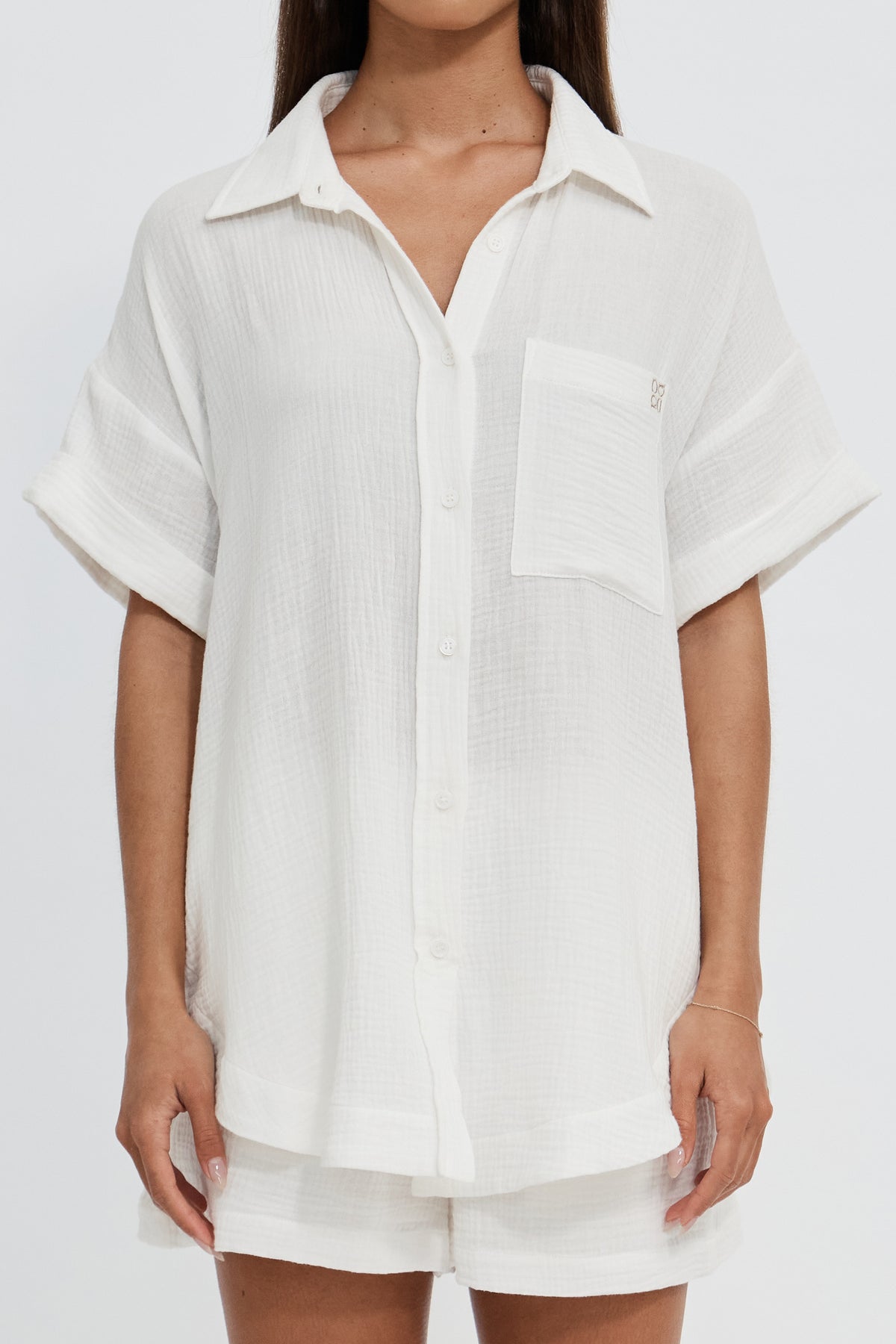 Reese Rolled-Sleeve Button-Down Shirt - White