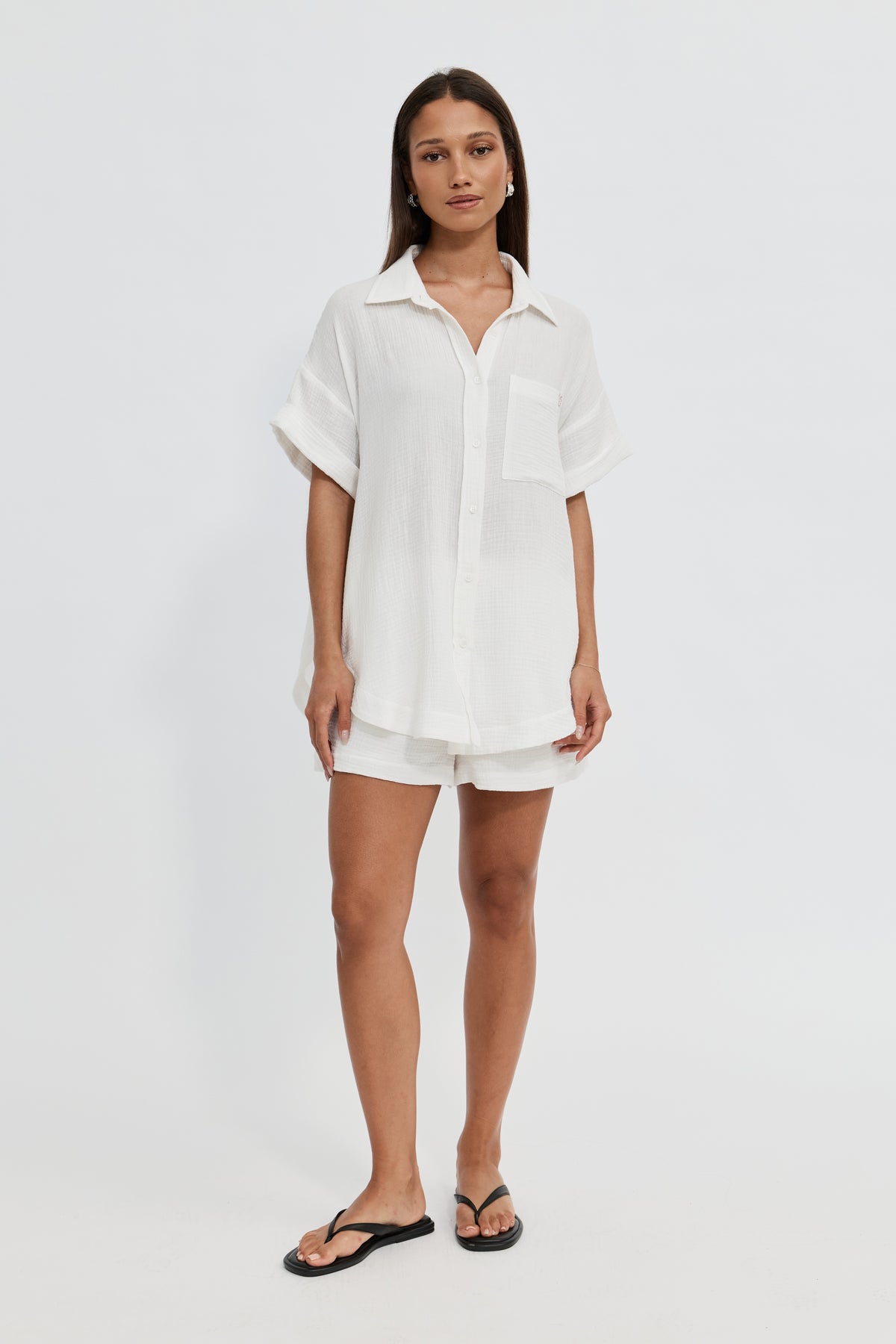 Reese Rolled-Sleeve Button-Down Shirt - White