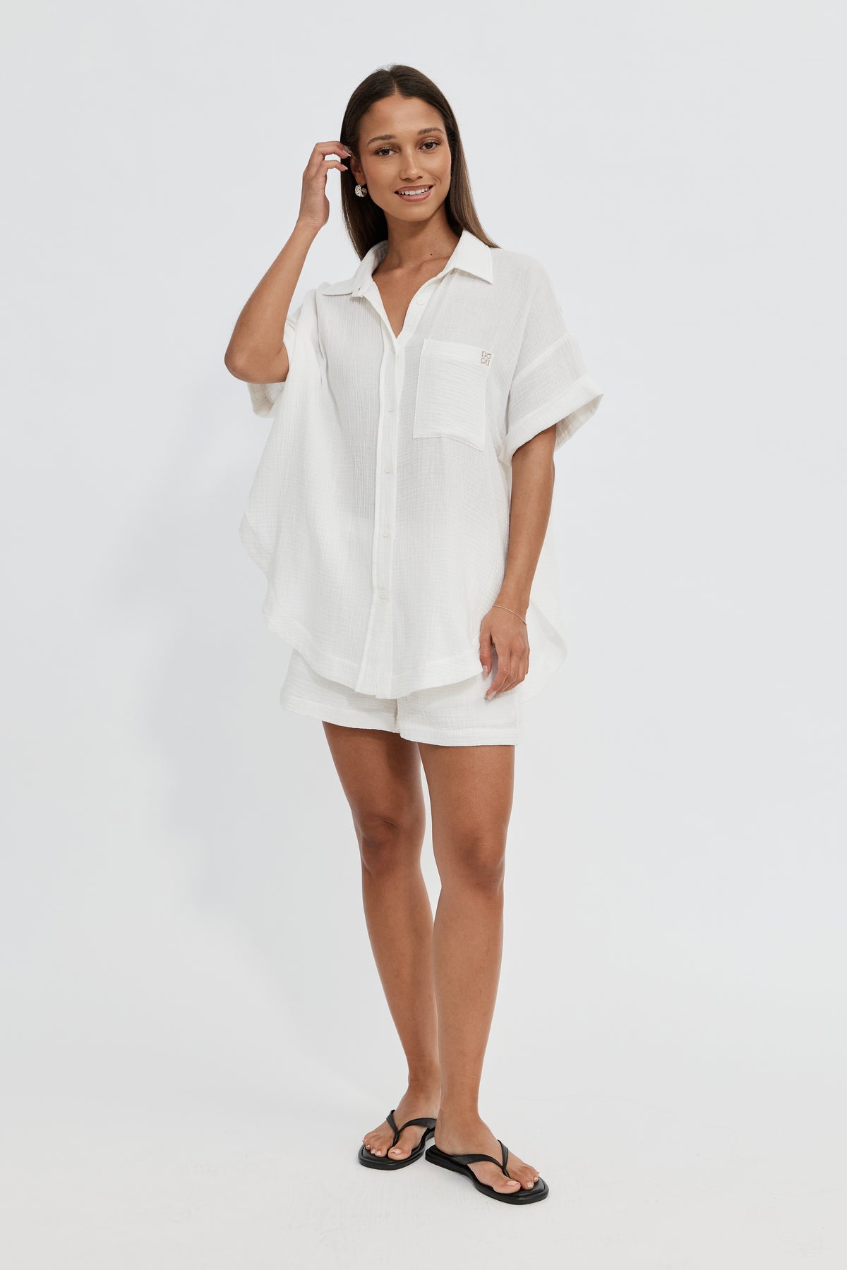 Reese Rolled-Sleeve Button-Down Shirt - White