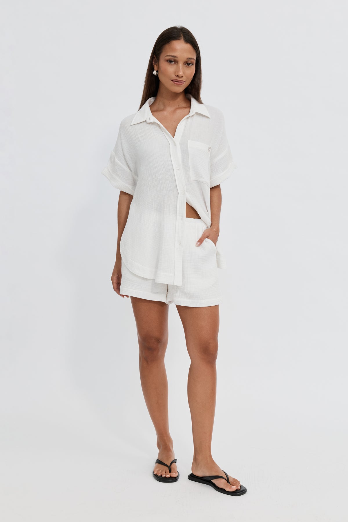 Reese Rolled-Sleeve Button-Down Shirt - White