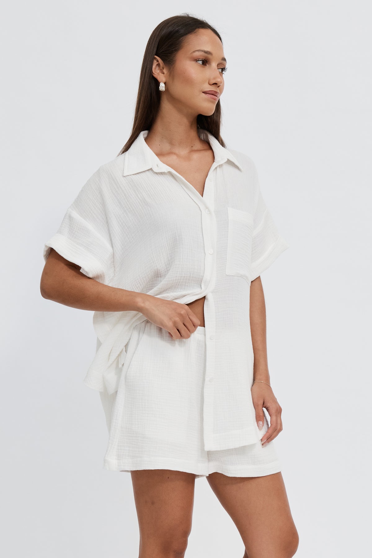 Reese Rolled-Sleeve Button-Down Shirt - White