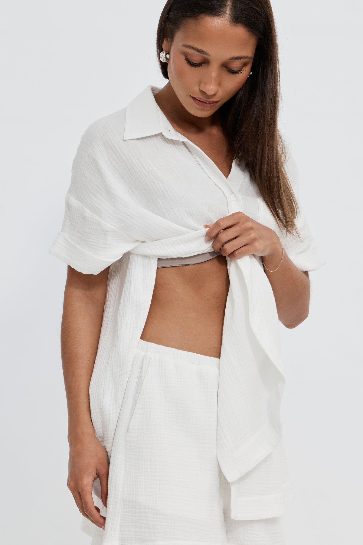 Reese Rolled-Sleeve Button-Down Shirt - White