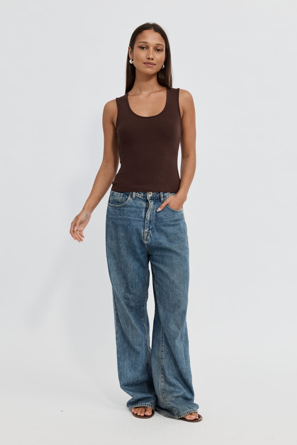 Esta Ribbed Scoop Neck Tank - Chocolate