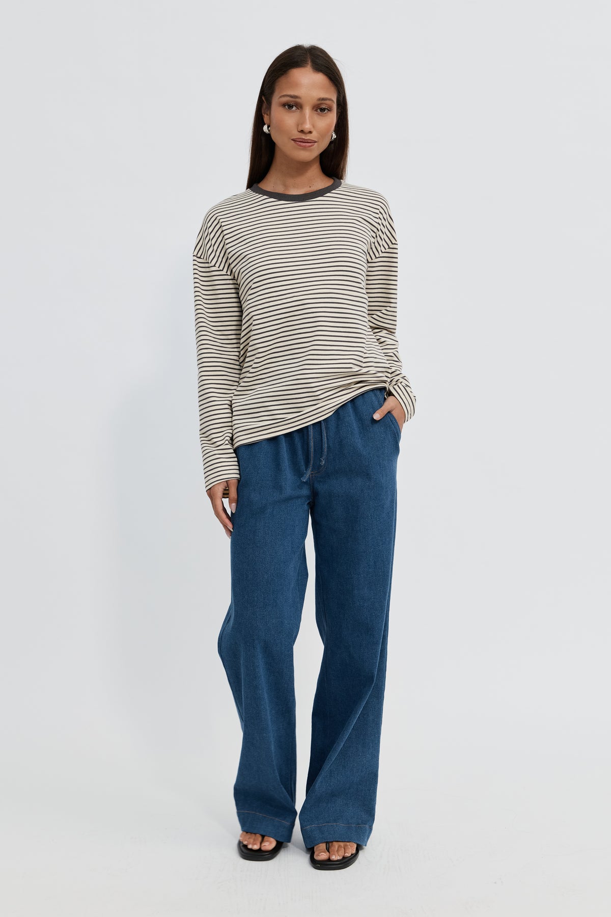 Sita Stripe Long Sleeve Top - Cream / Chocolate