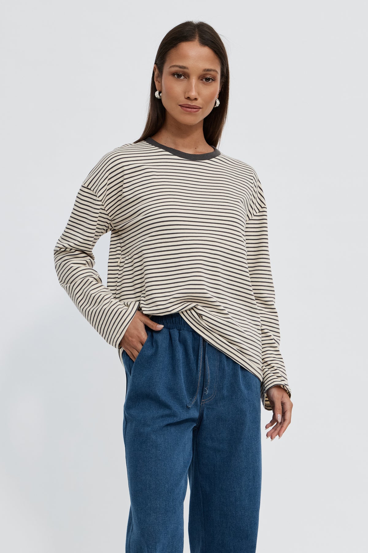 Sita Stripe Long Sleeve Top - Cream / Chocolate