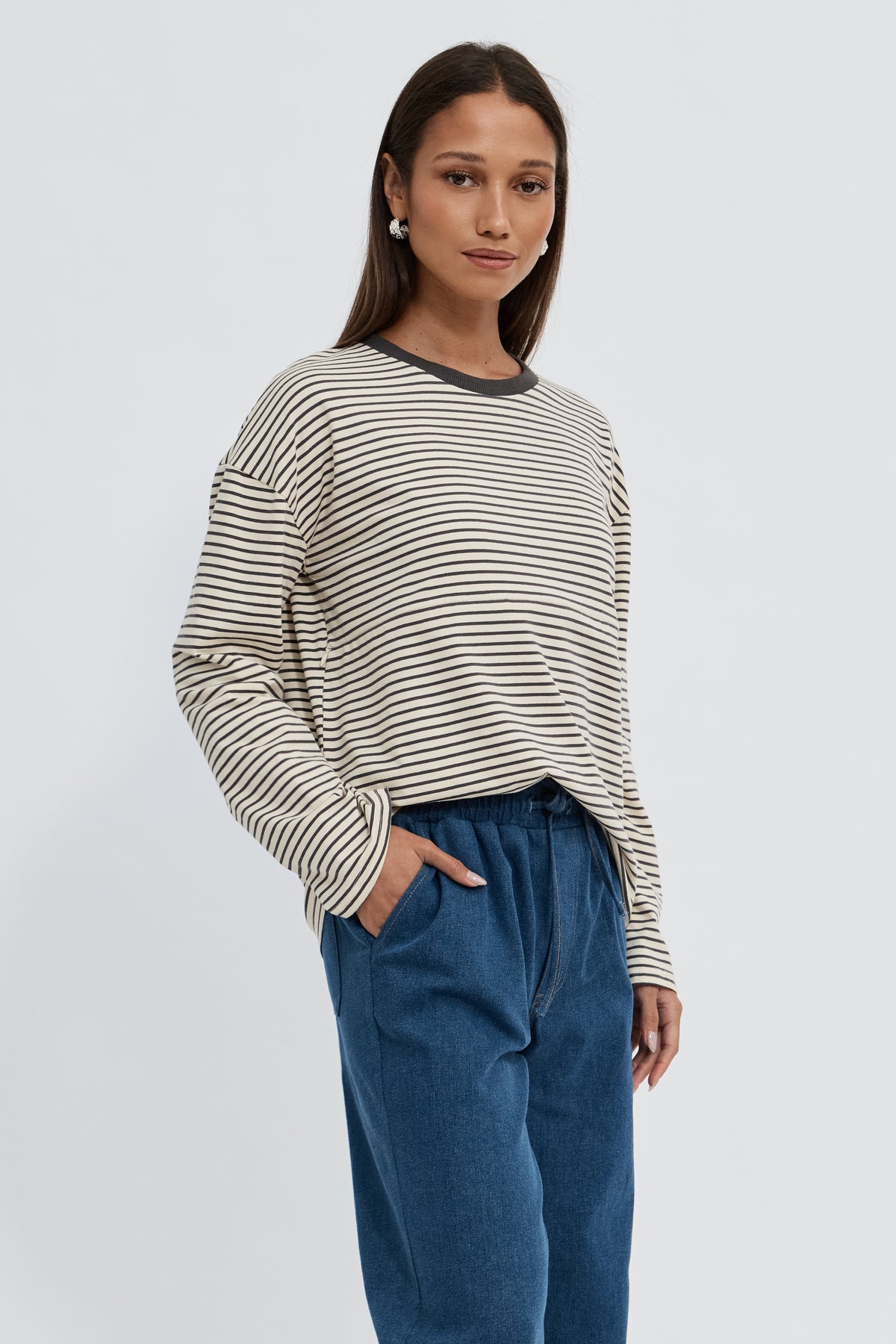 Sita Stripe Long Sleeve Top - Cream / Chocolate