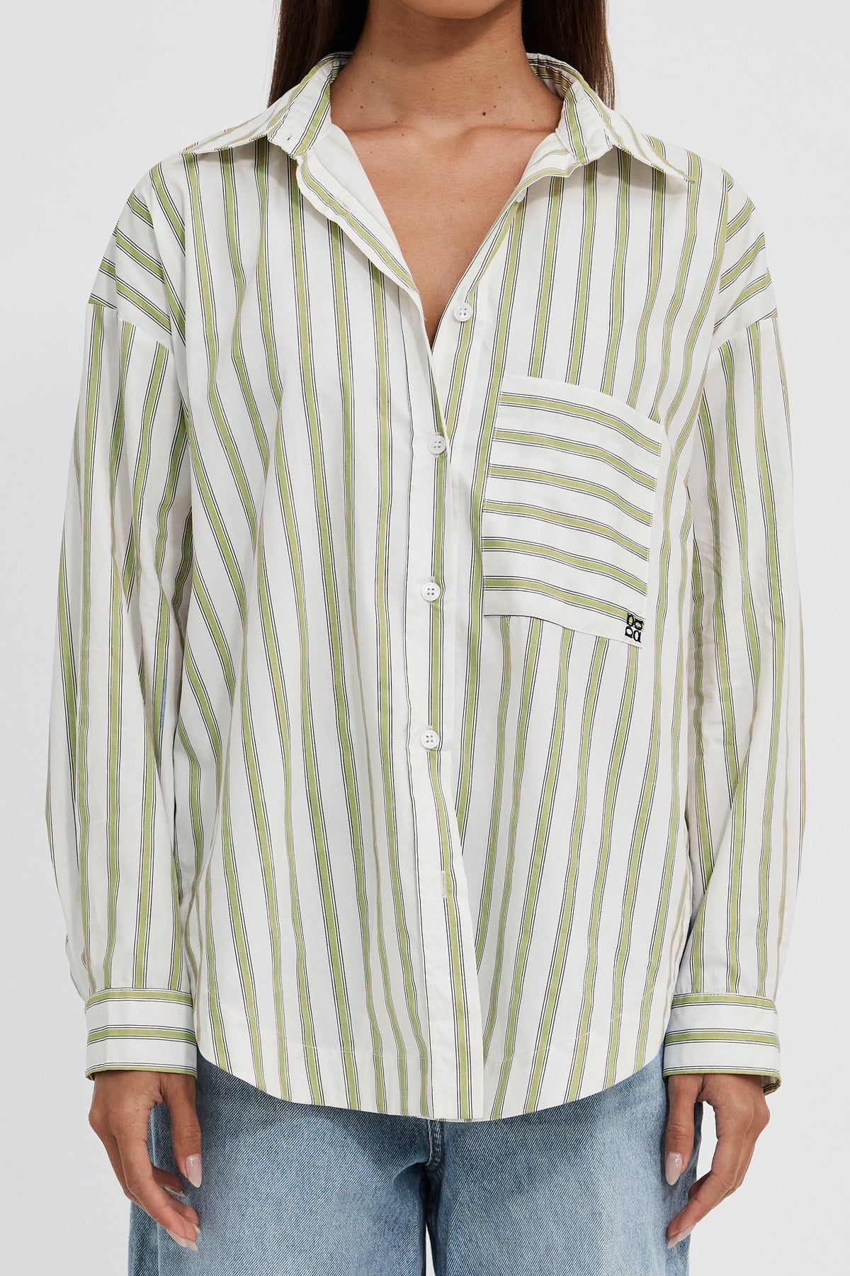 Morgan Stripe Wrap Button-Down Shirt - White / Green