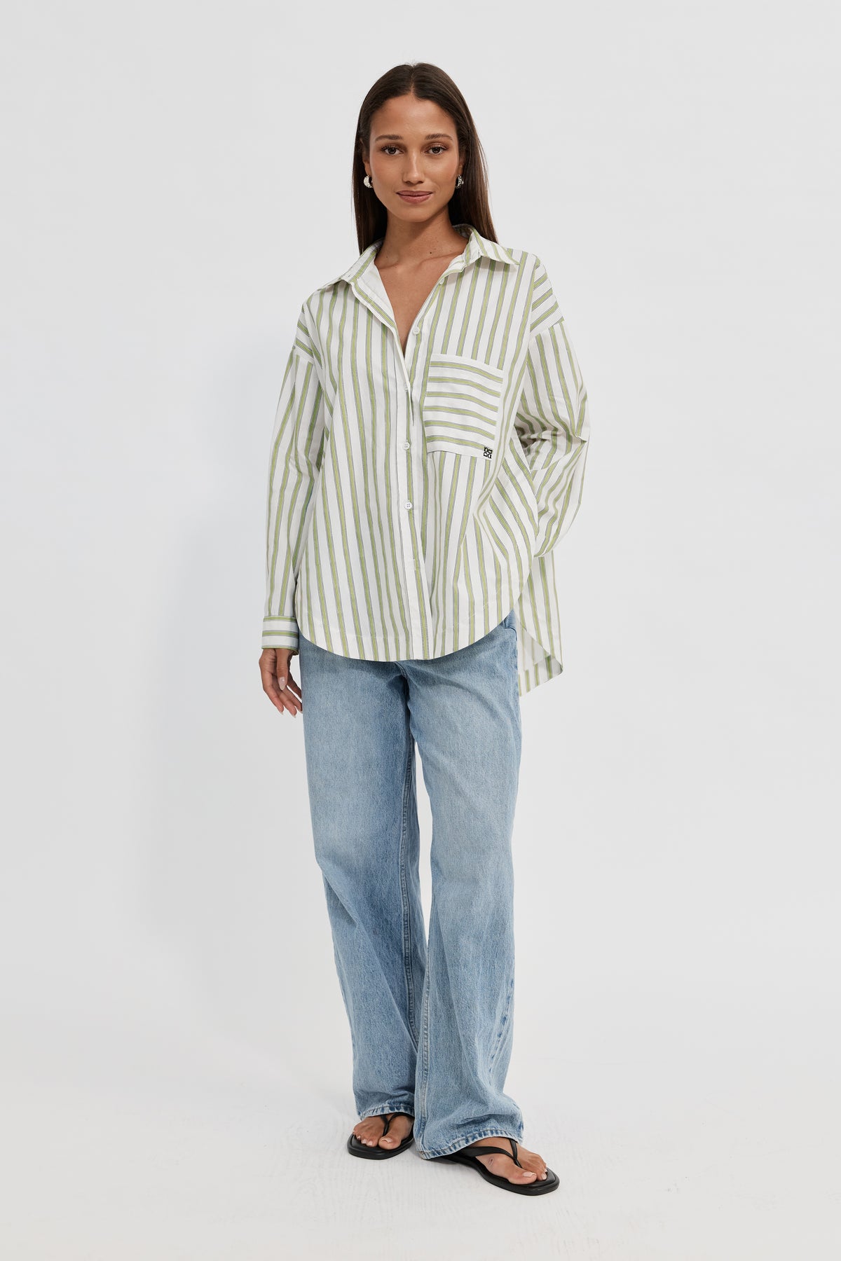 Morgan Stripe Wrap Button-Down Shirt - White / Green