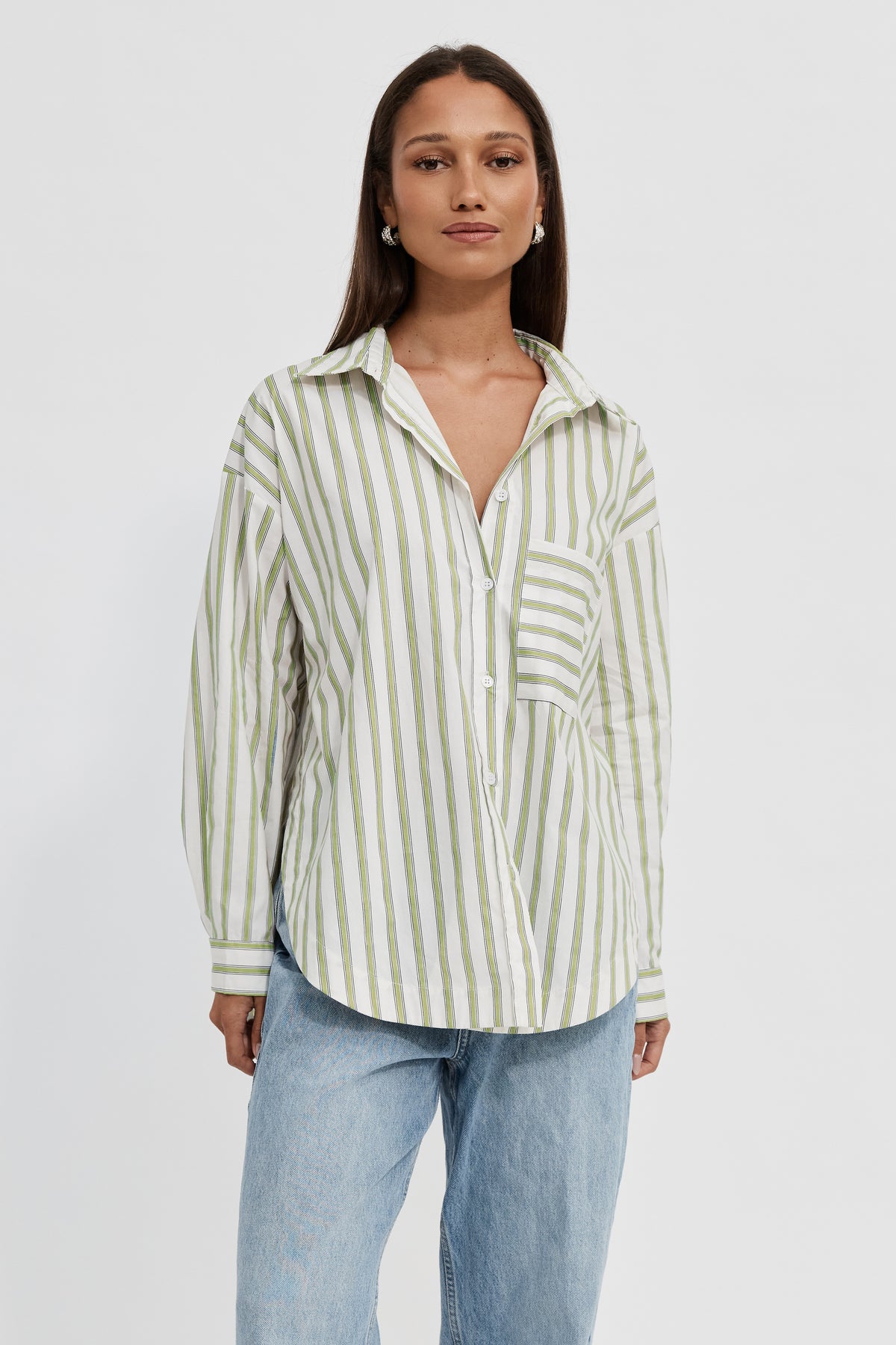Morgan Stripe Wrap Button-Down Shirt - White / Green