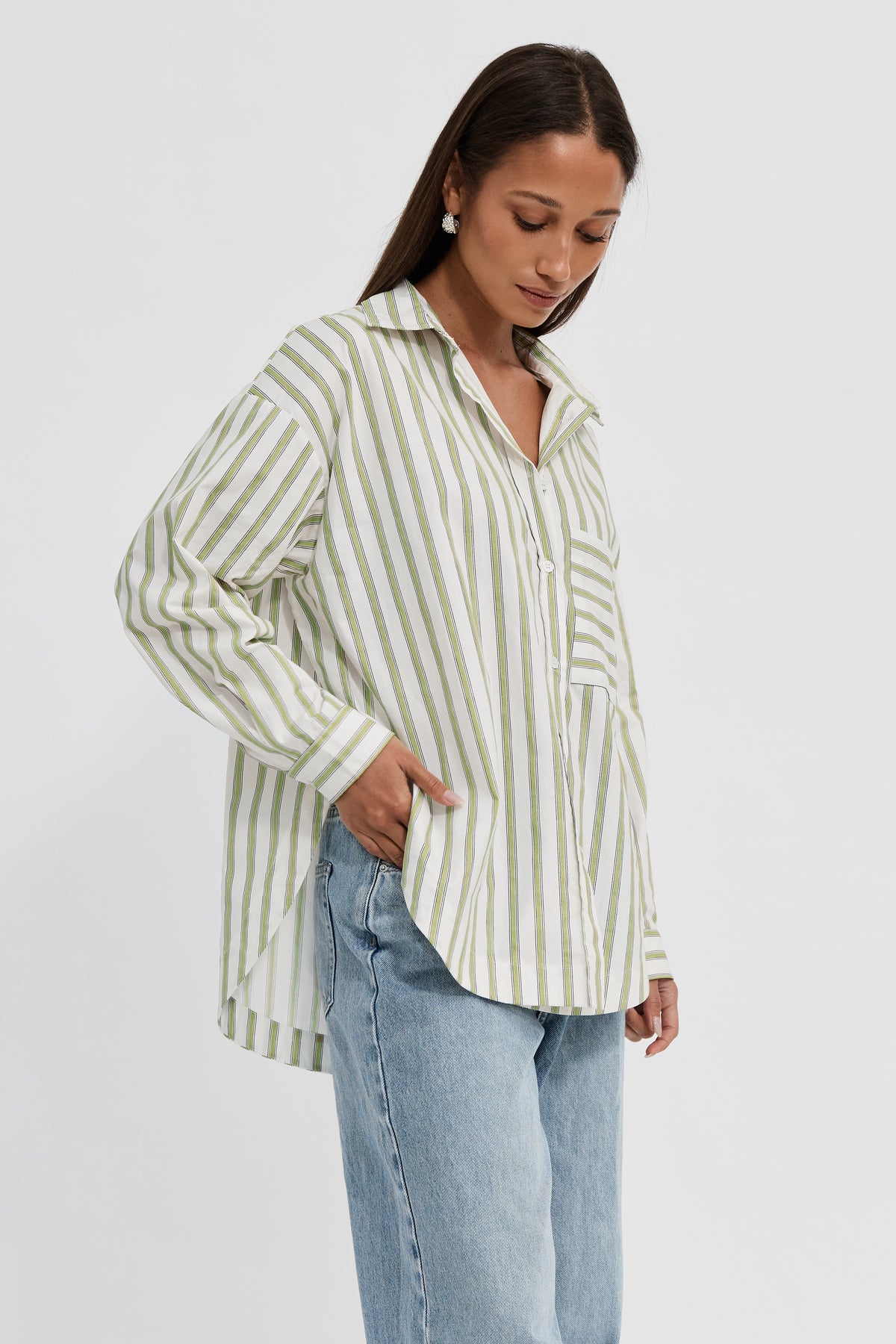 Morgan Stripe Wrap Button-Down Shirt - White / Green