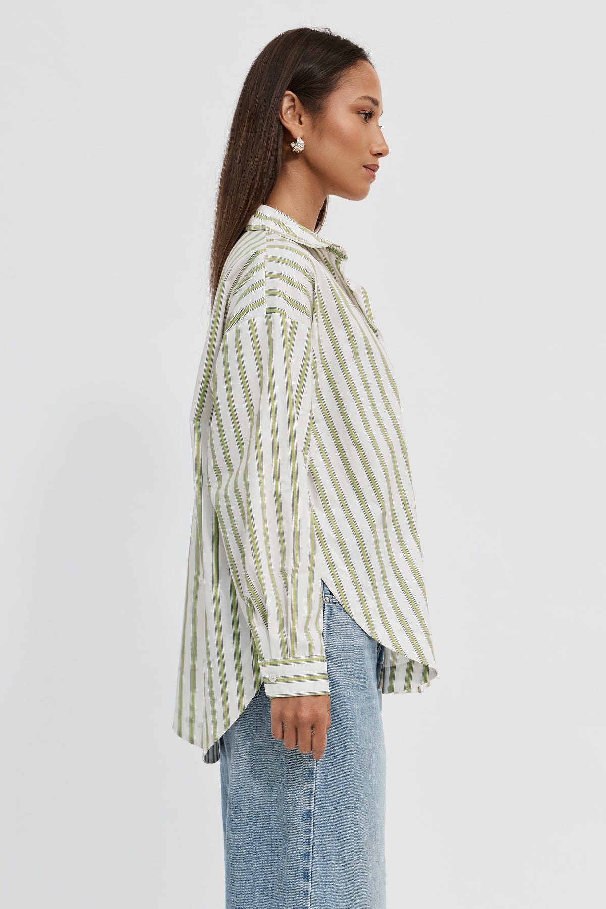 Morgan Stripe Wrap Button-Down Shirt - White / Green
