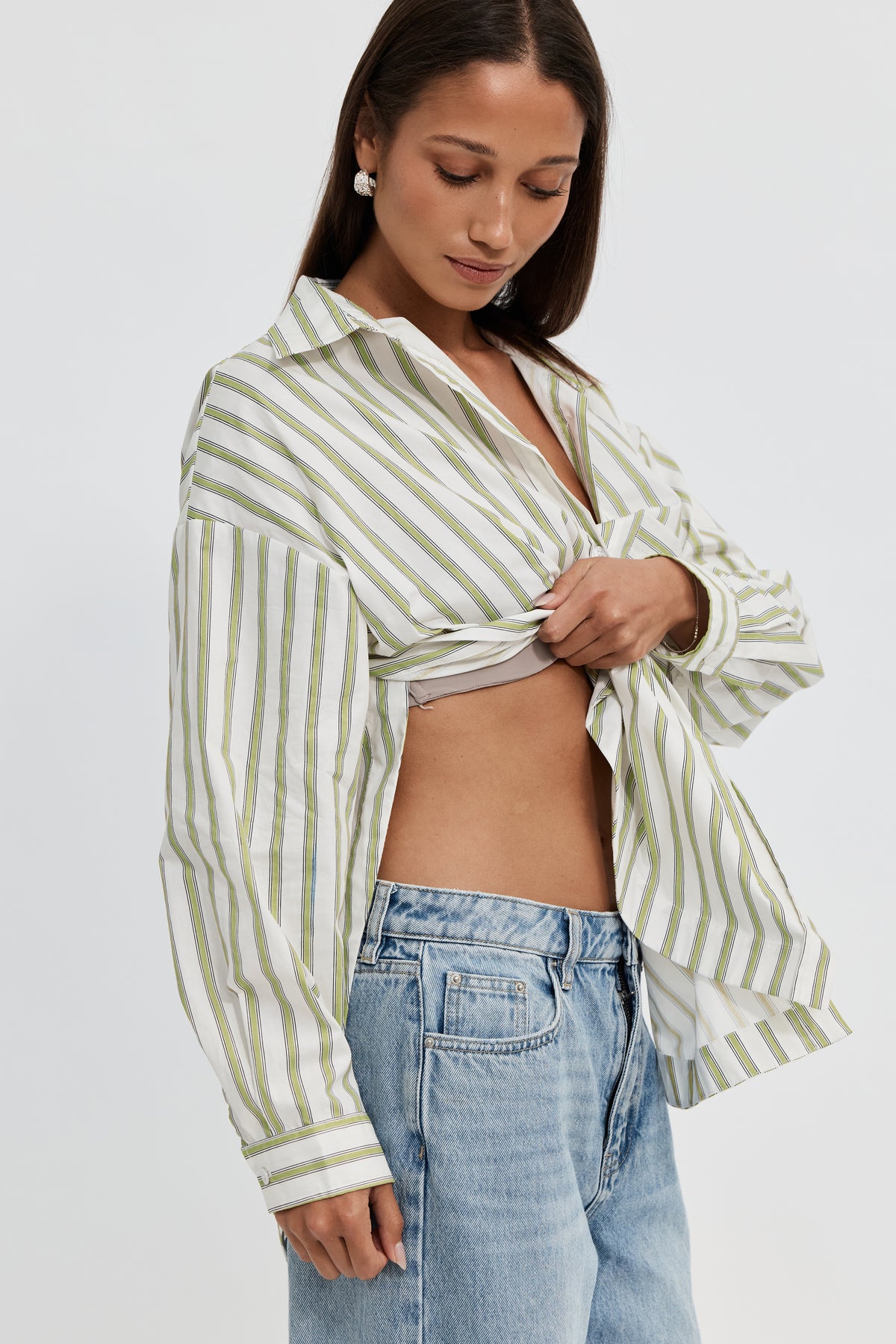 Morgan Stripe Wrap Button-Down Shirt - White / Green