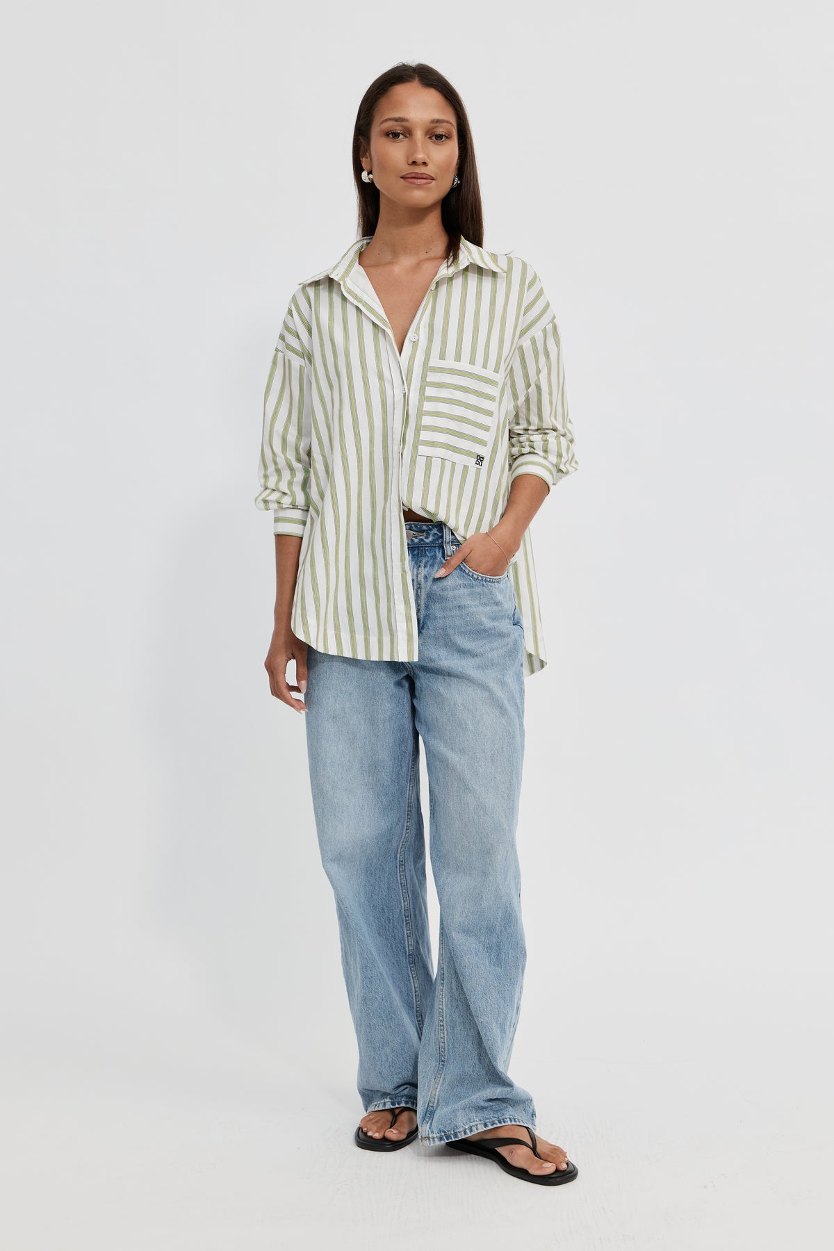 Morgan Stripe Wrap Button-Down Shirt - White / Green