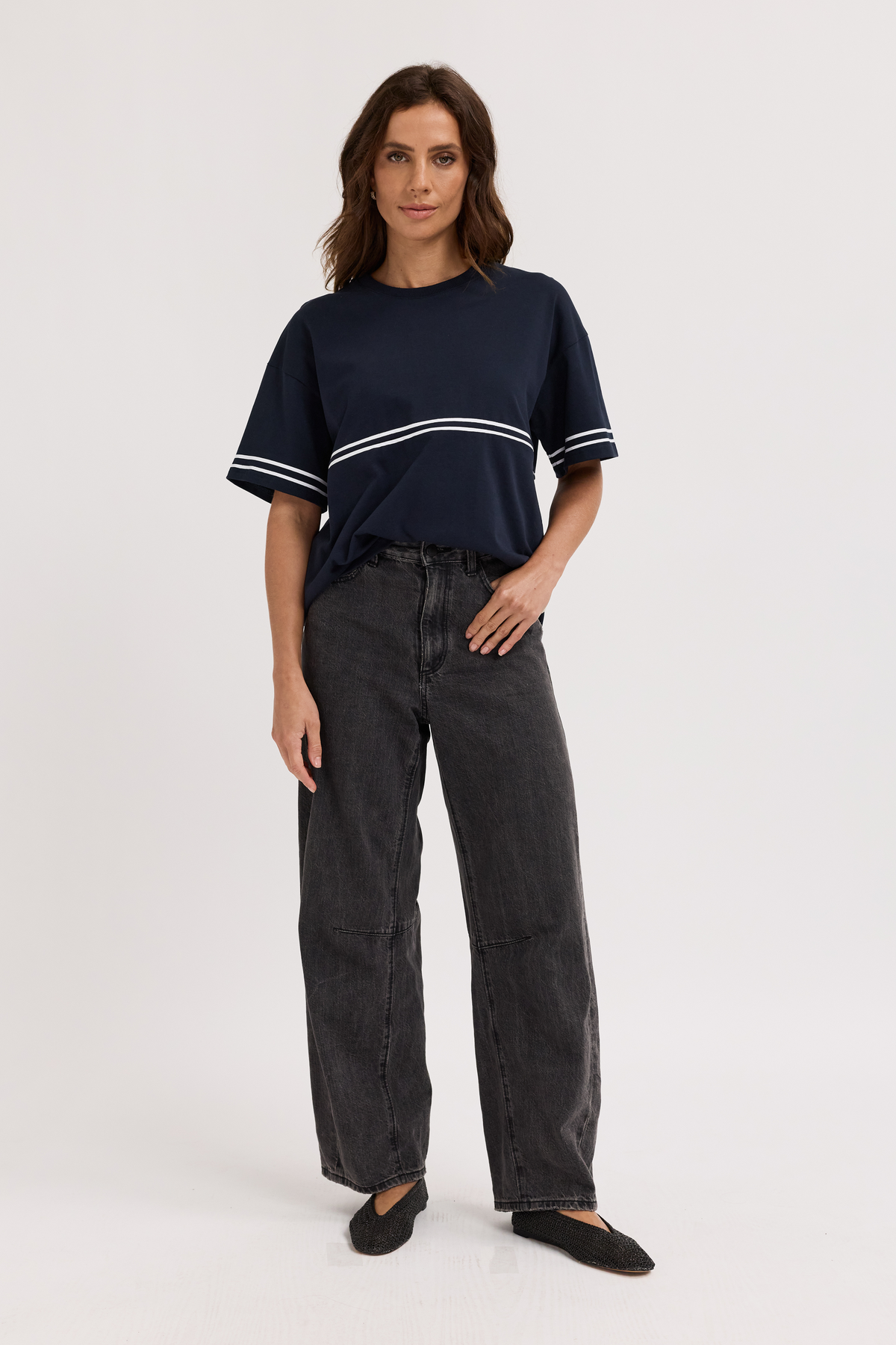 Saxon Stripe Detail Panel Tee - Navy / White