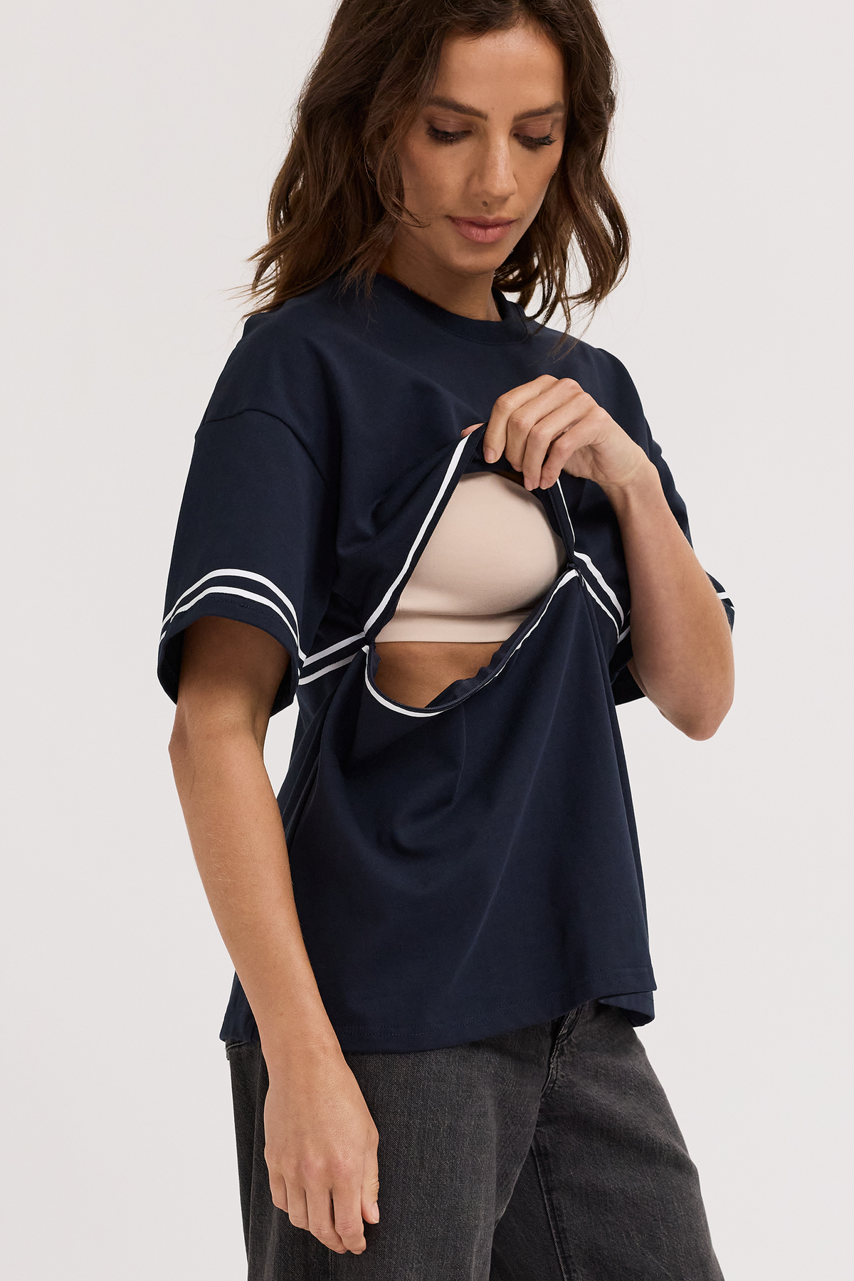 Saxon Stripe Detail Panel Tee - Navy / White