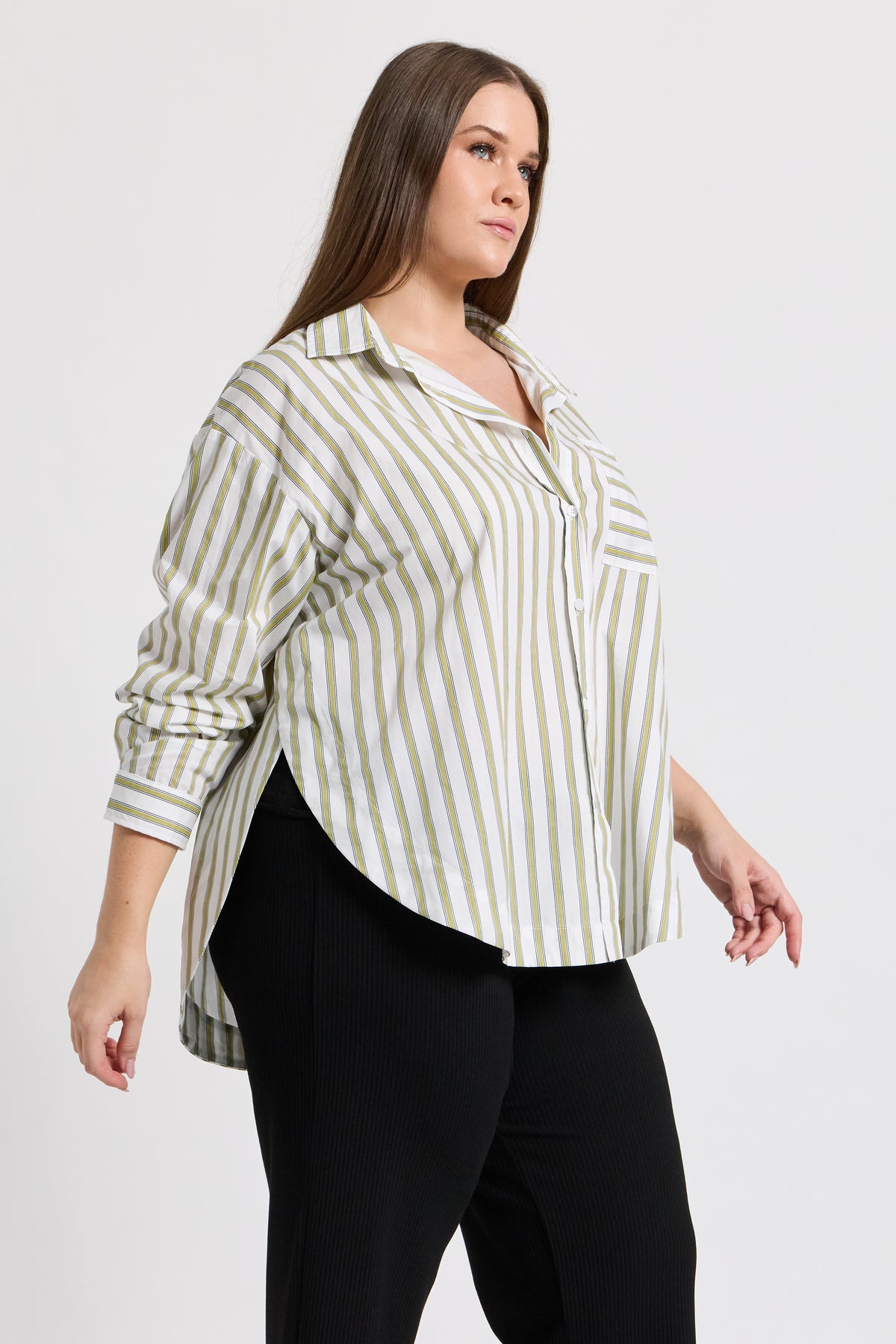 Morgan Stripe Wrap Button-Down Shirt - White / Green