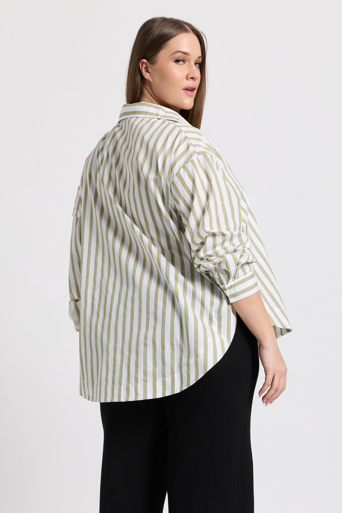 Morgan Stripe Wrap Button-Down Shirt - White / Green