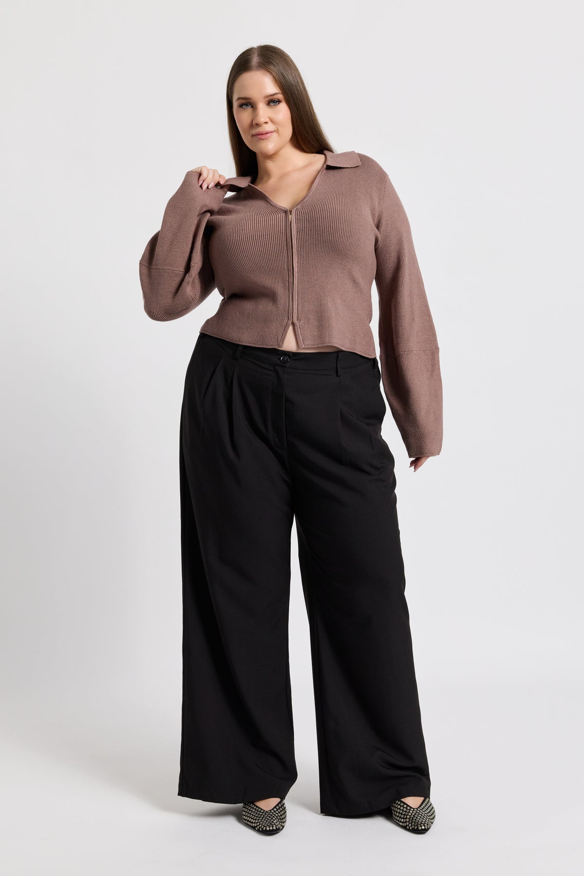 Astra Zip-Front Knit Top - Taupe