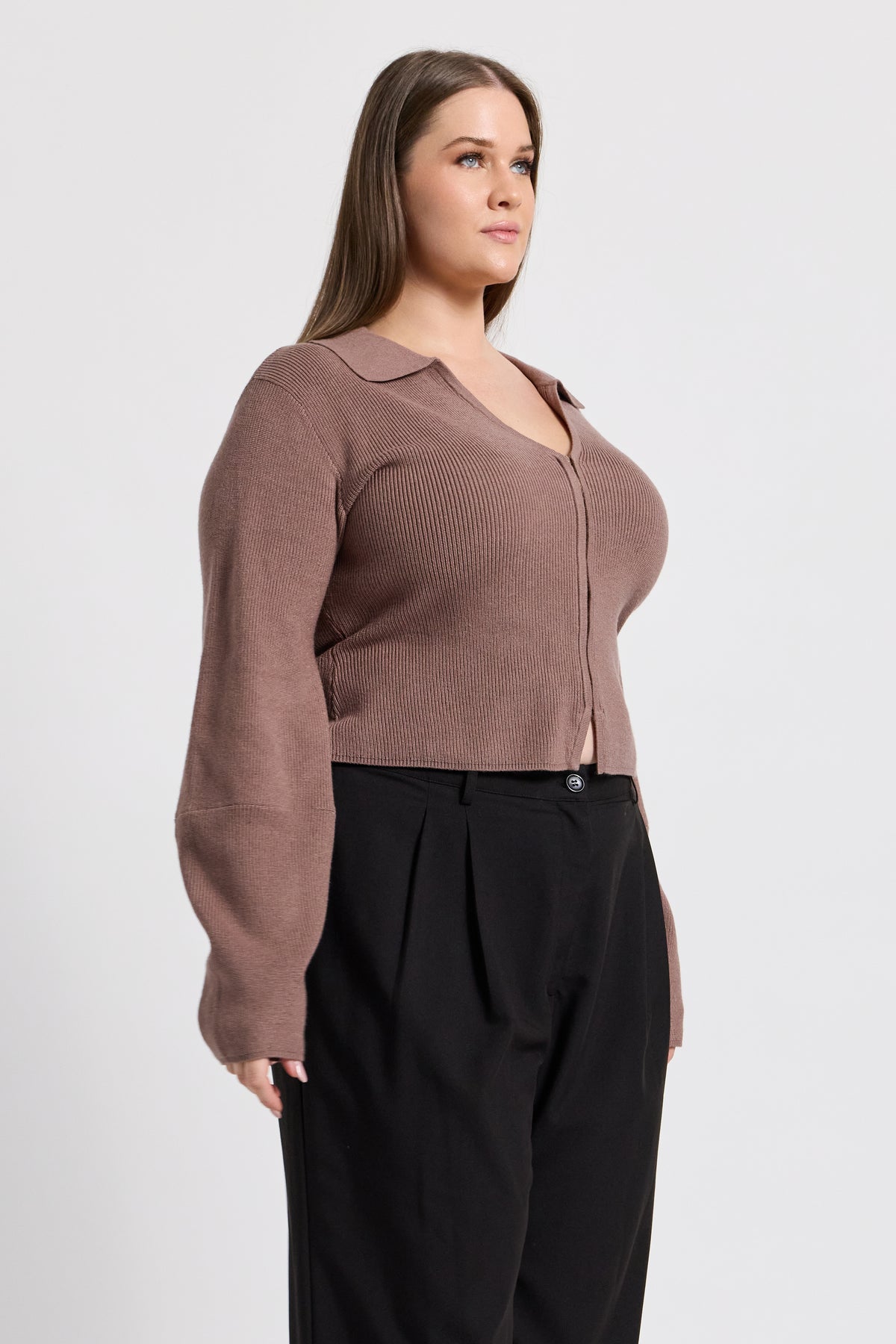 Astra Zip-Front Knit Top - Taupe