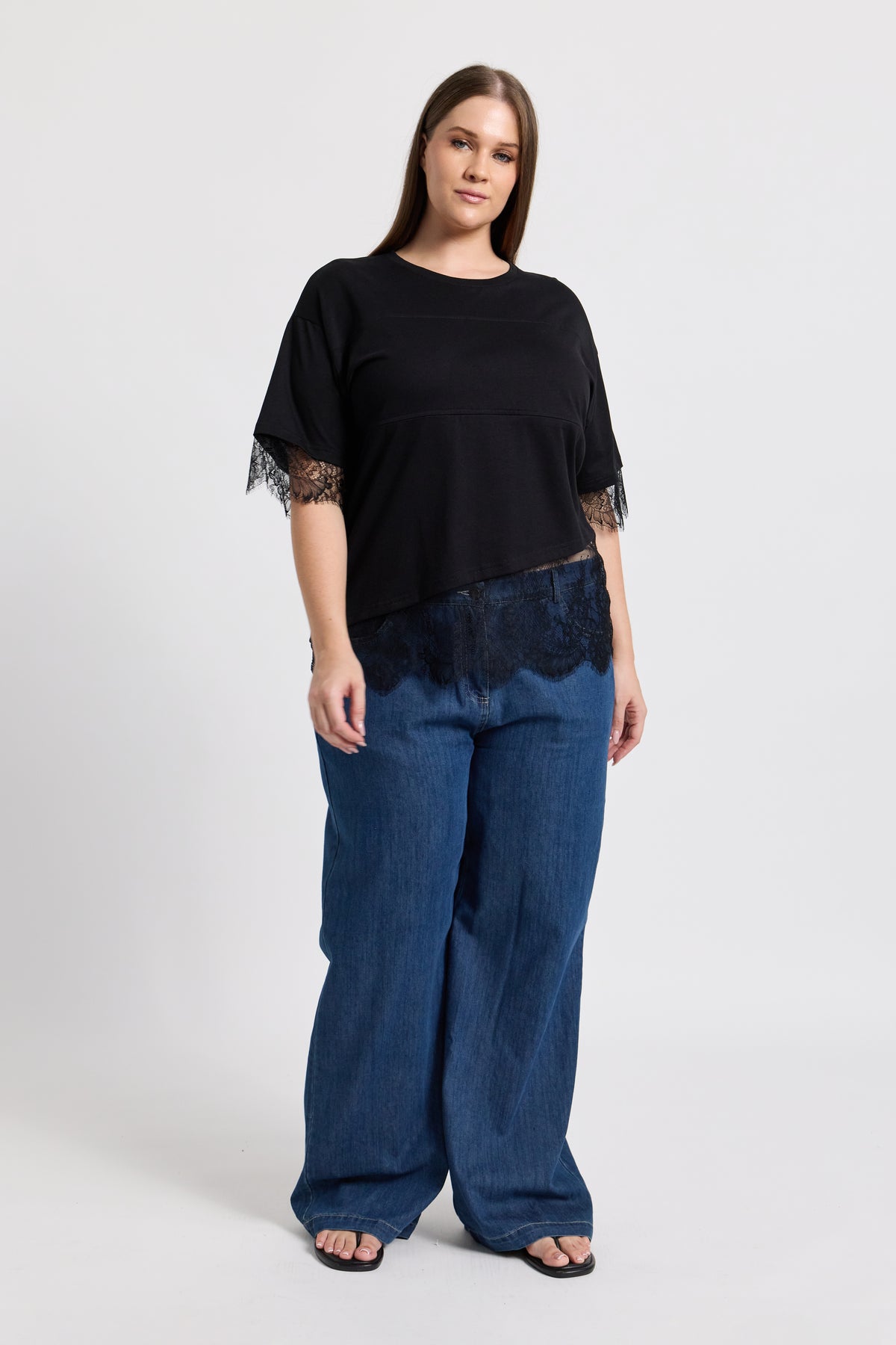 Sutton Lace-Trim Asymmetrical Panel Tee - Black