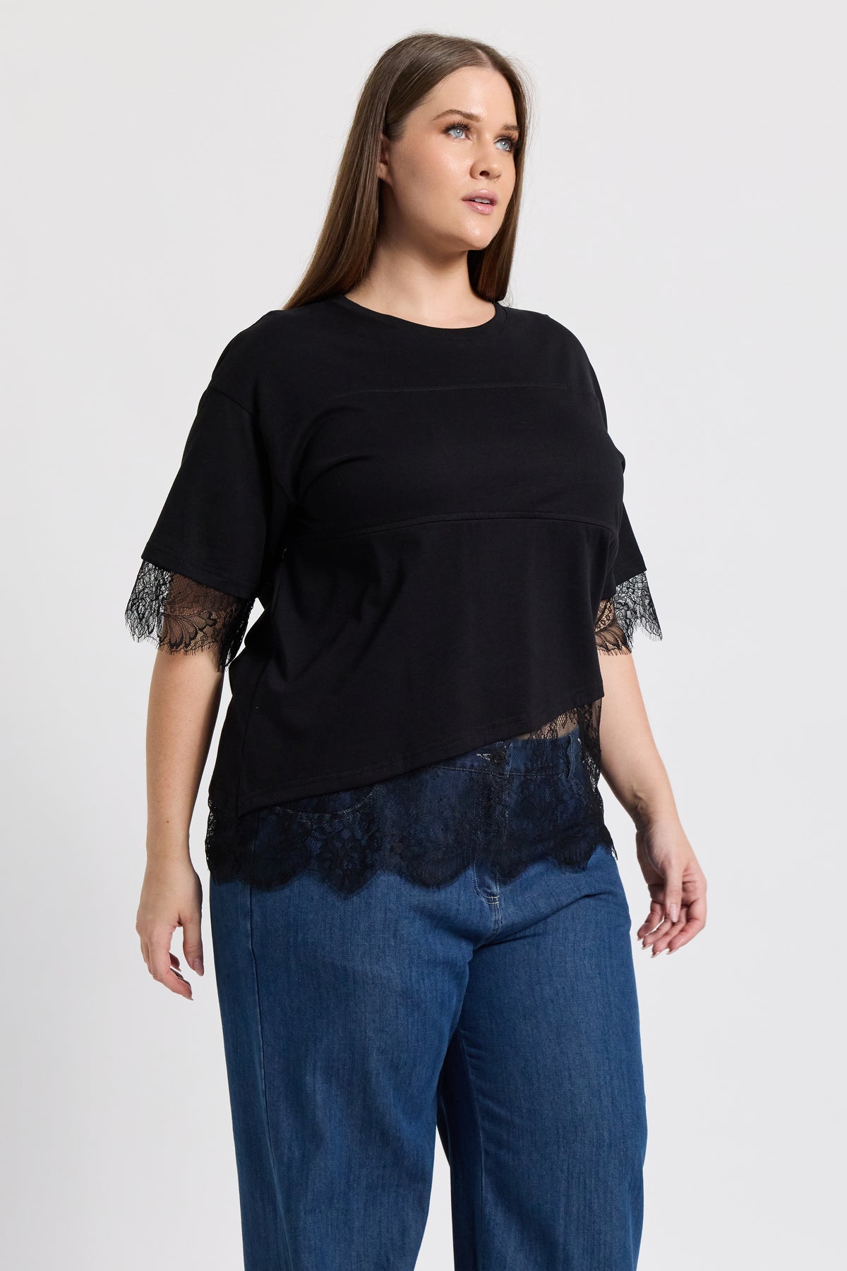 Sutton Lace-Trim Asymmetrical Panel Tee - Black