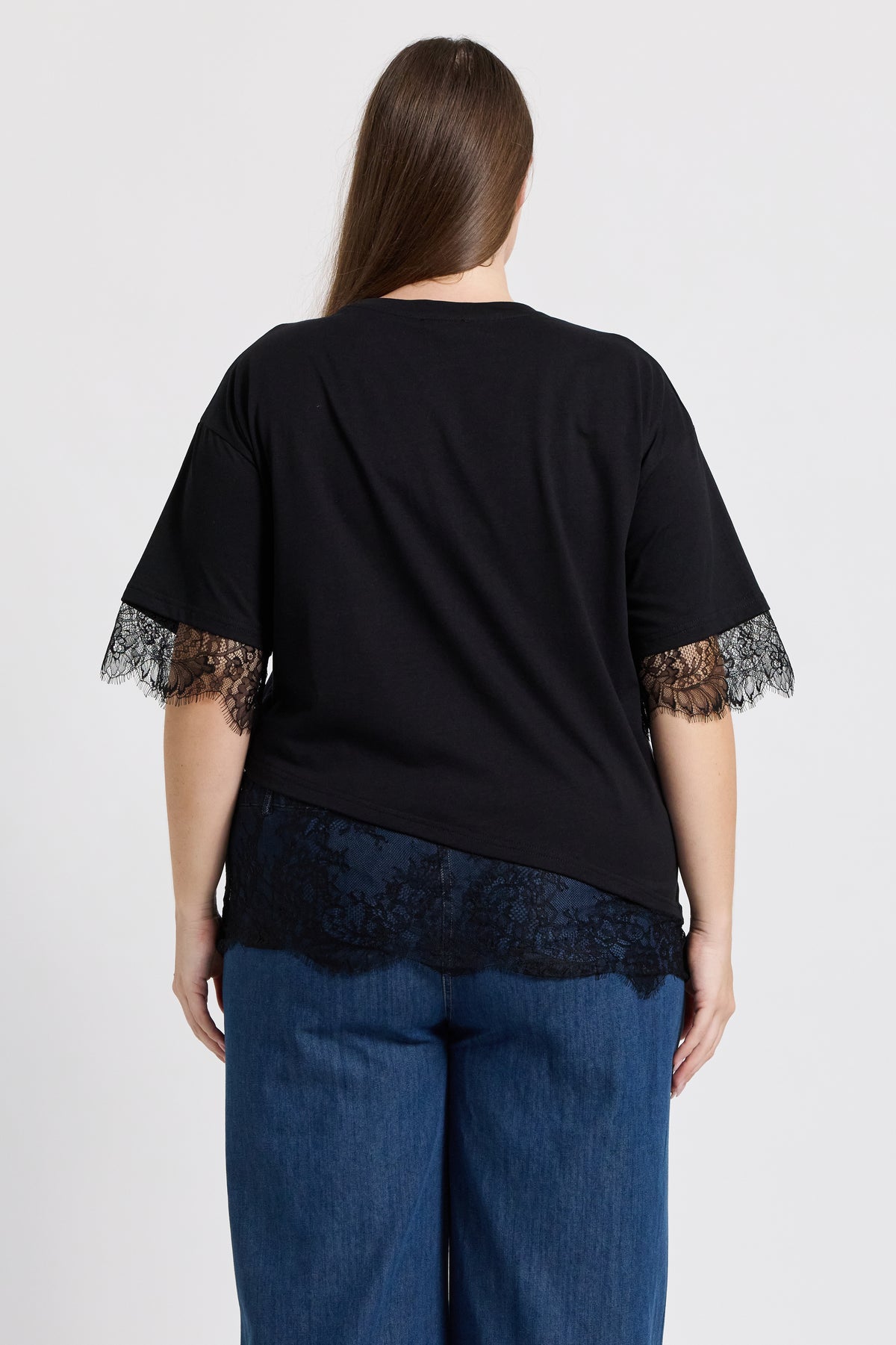 Sutton Lace-Trim Asymmetrical Panel Tee - Black