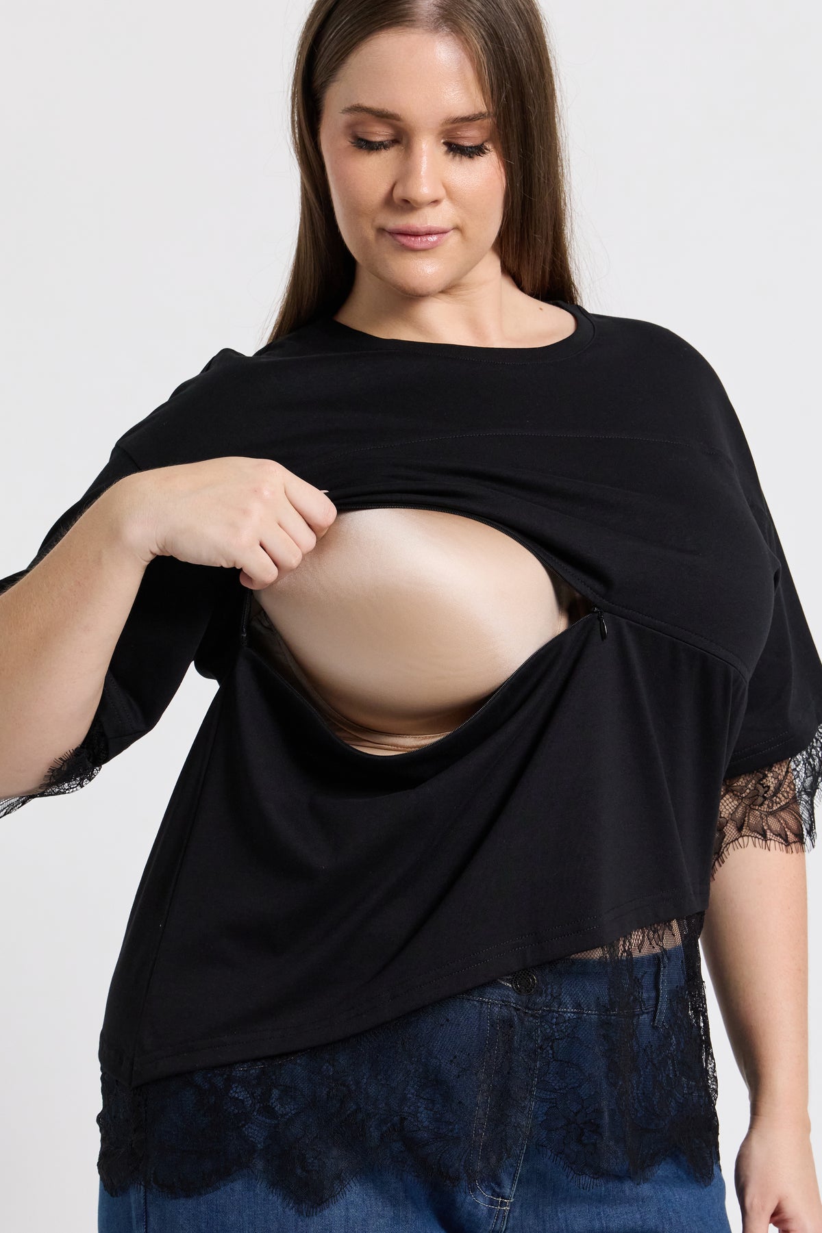 Sutton Lace-Trim Asymmetrical Panel Tee - Black