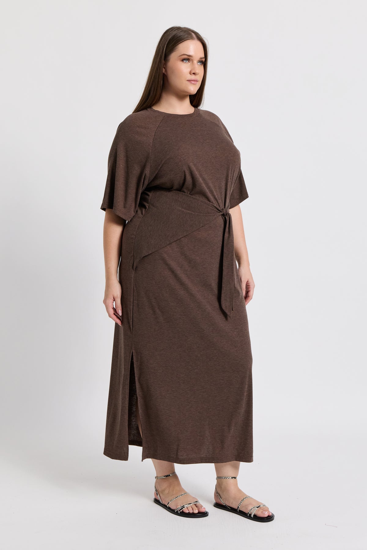 Alia Tie-Detail Box-Cut Tee Dress - Chocolate