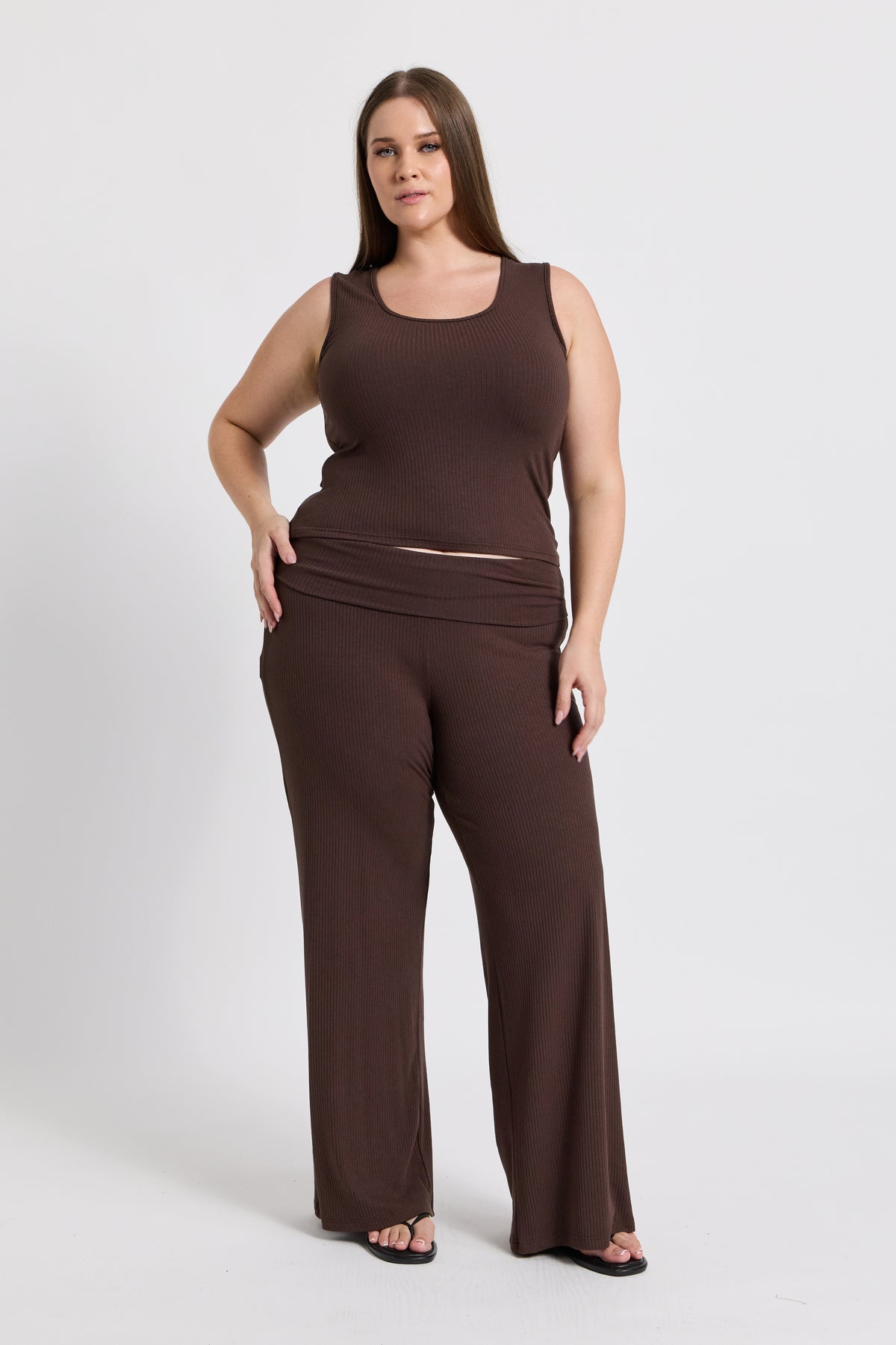 Esta Ribbed Foldover Waist Pant - Chocolate