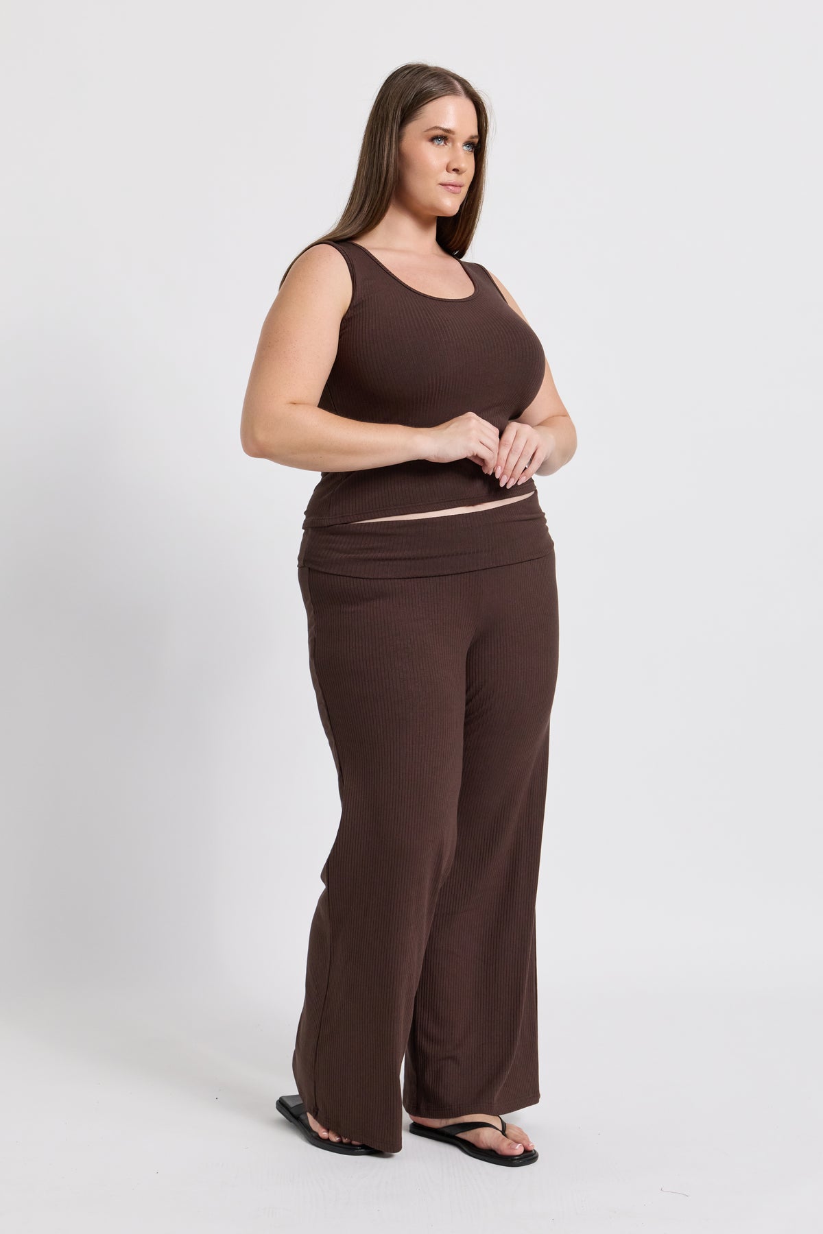 Esta Ribbed Foldover Waist Pant - Chocolate