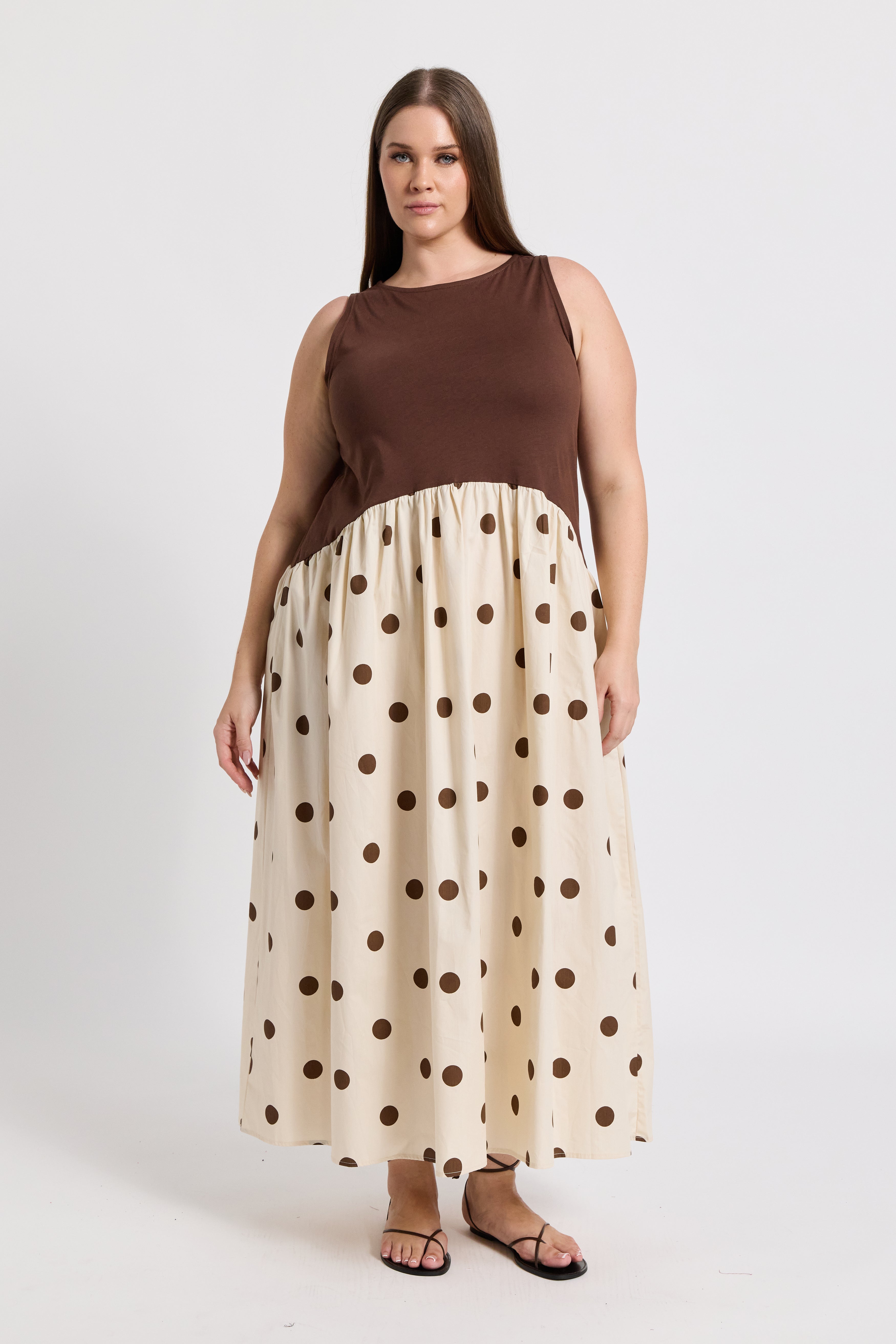 Evelyn Drop-Waist Midi Dress - Cream / Brown Spot, L Evelyn Drop-Waist Midi Dress - Cream / Brown Spot, L