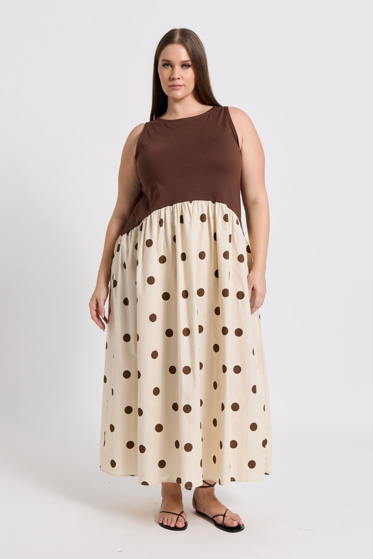 Evelyn Drop-Waist Midi Dress - Cream / Brown Spot
