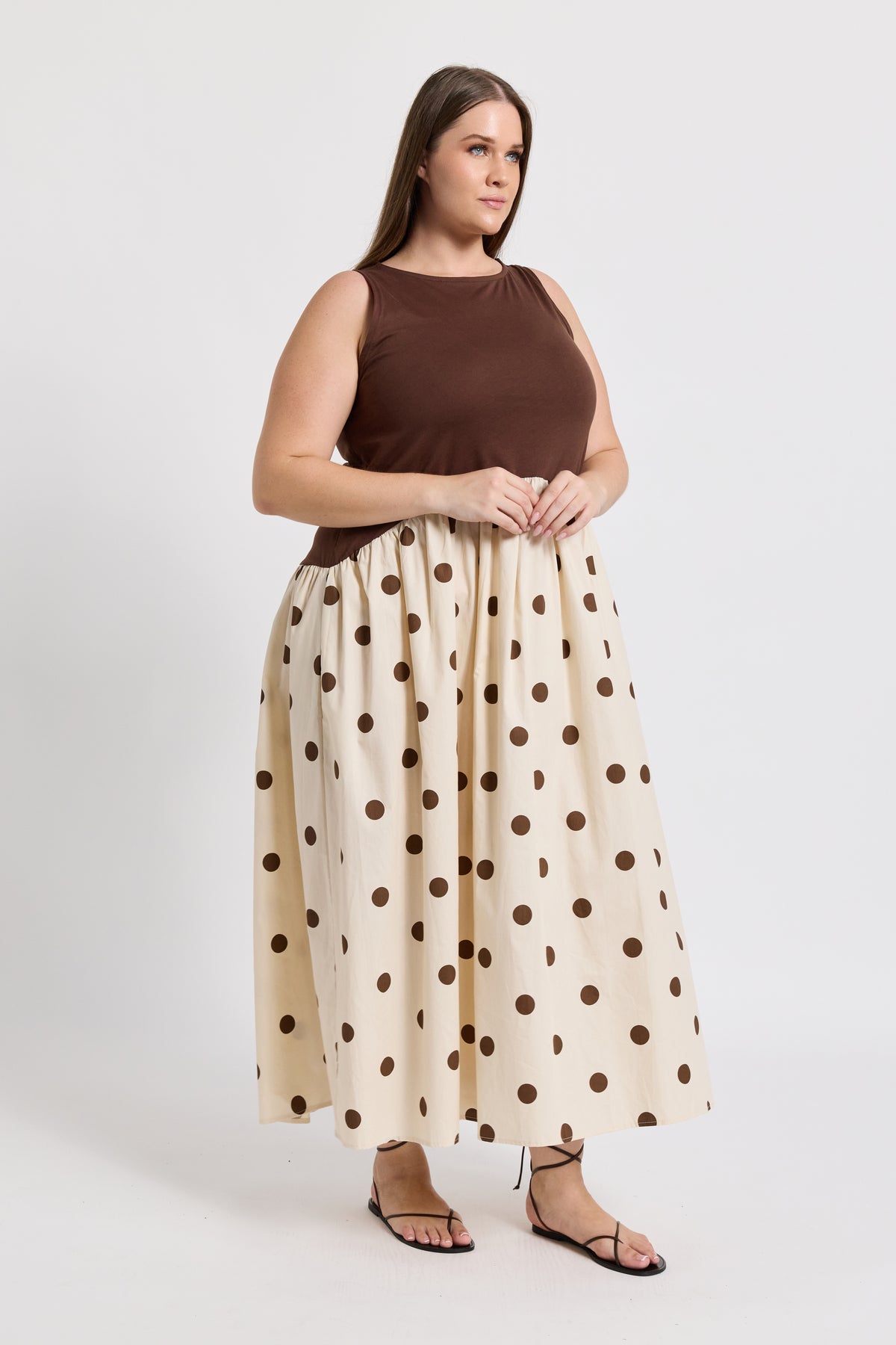 Evelyn Drop-Waist Midi Dress - Cream / Brown Spot