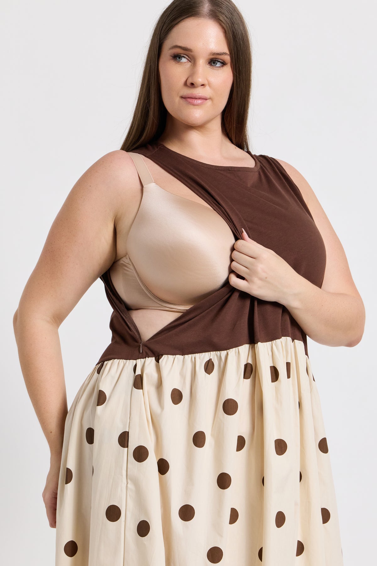 Evelyn Drop-Waist Midi Dress - Cream / Brown Spot