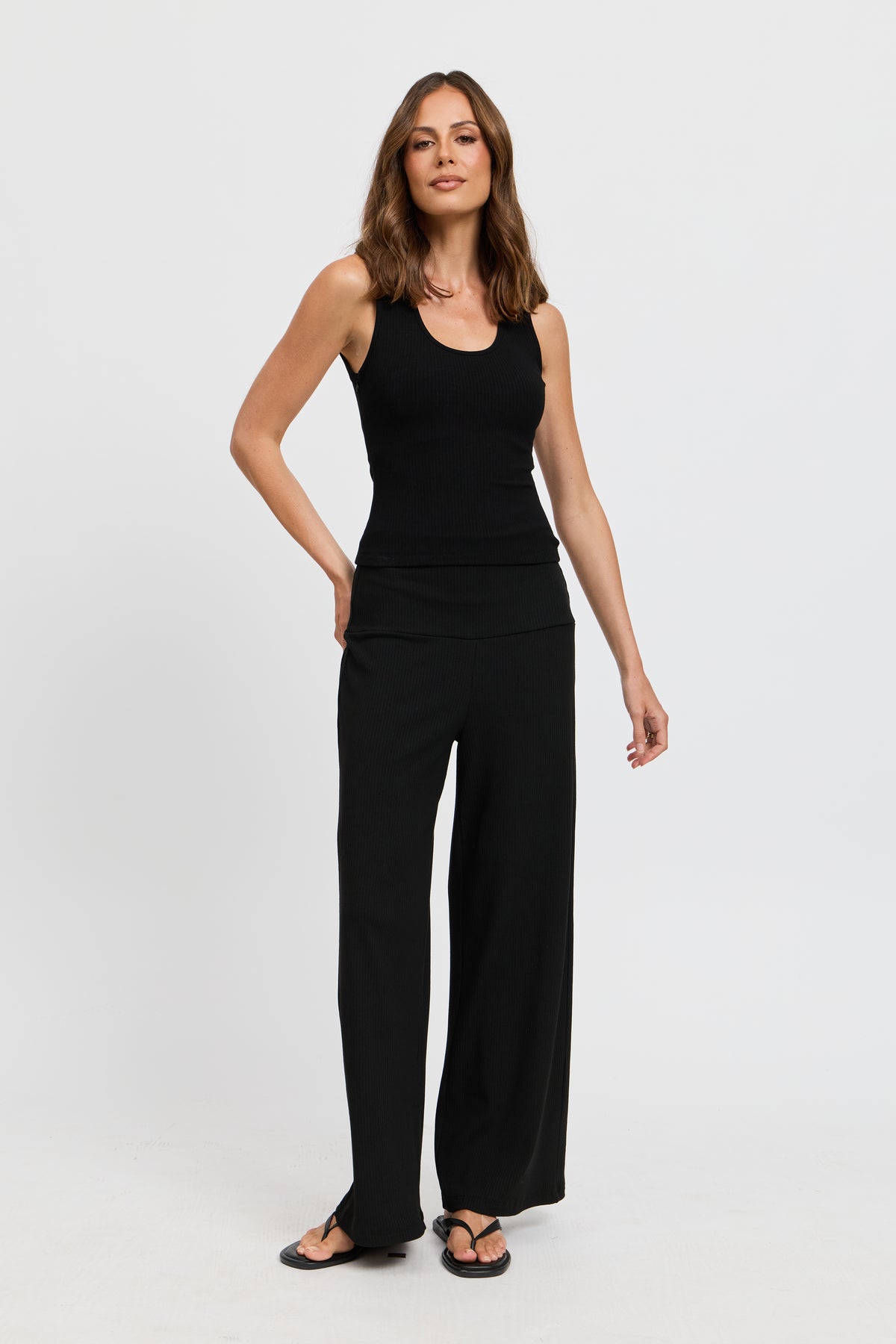 Esta Ribbed Foldover Waist Pant - Black