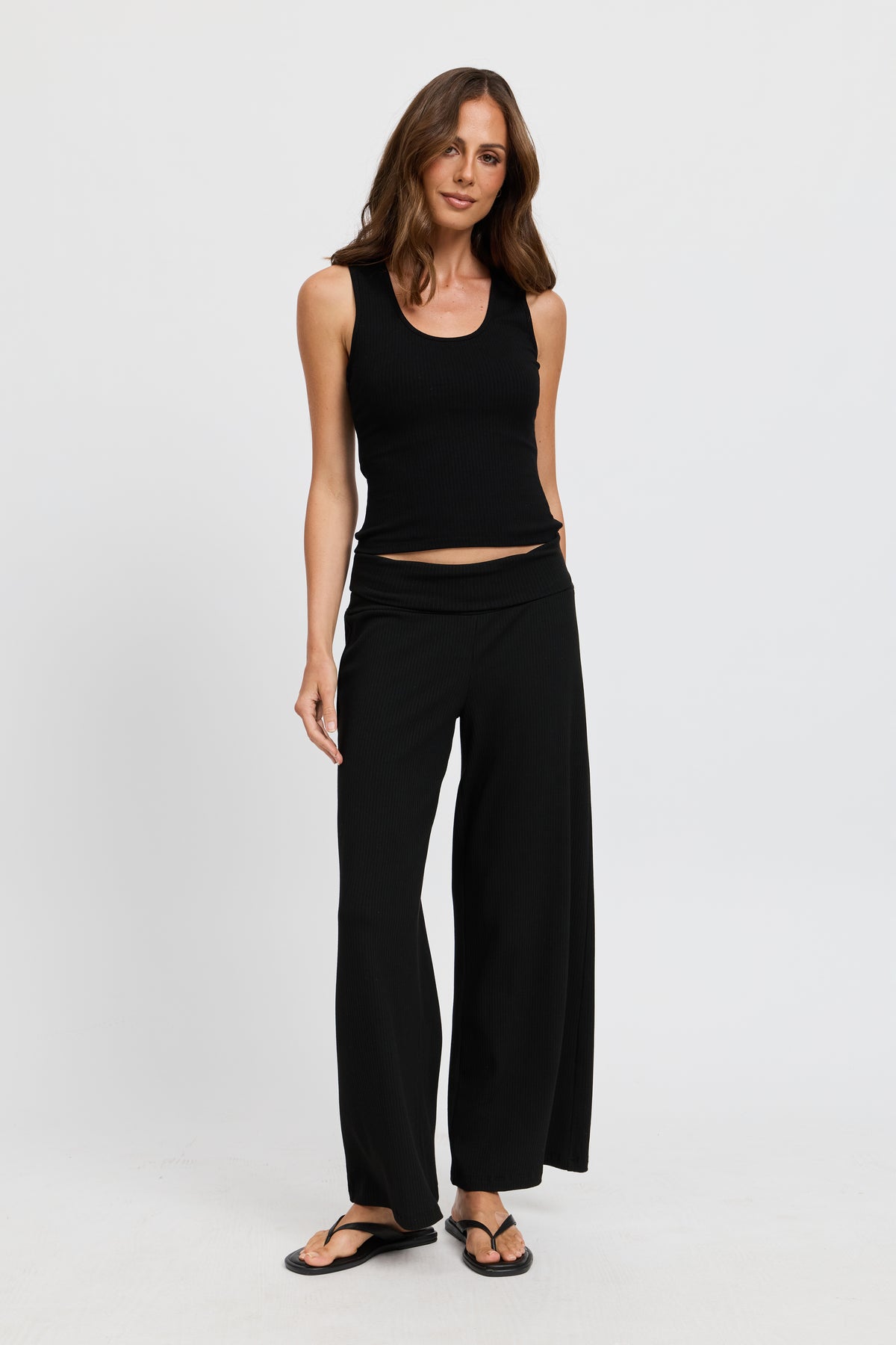 Esta Ribbed Foldover Waist Pant - Black
